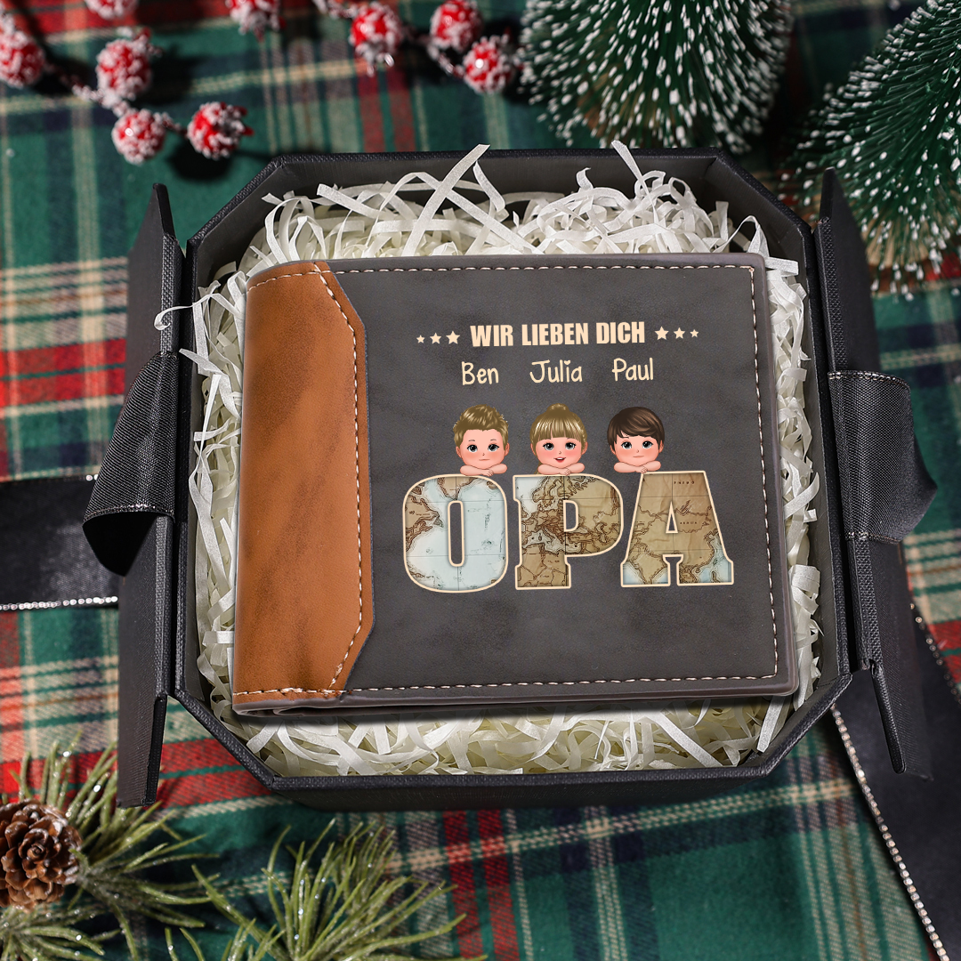 Personalisierte 1-6 Namen Geldbörse Leder Portemonnaie – Perfektes Geschenk für Opa