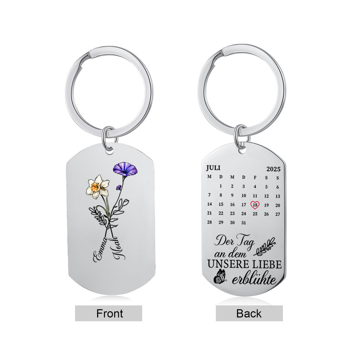 Personalisierter Schlüsselanhänger „Der Tag, an dem unsere Liebe erblühte“ mit Blumen, Namen & Kalender für Paare