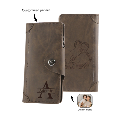 Personalisierte Lederbrieftasche mit individuellem Foto und Namen, RFID-Schutz, langes, doppelt aufklappbares Modell mit Reißverschluss, individualisierbares Vatertags- oder Geburtstagsgeschenk für Pa