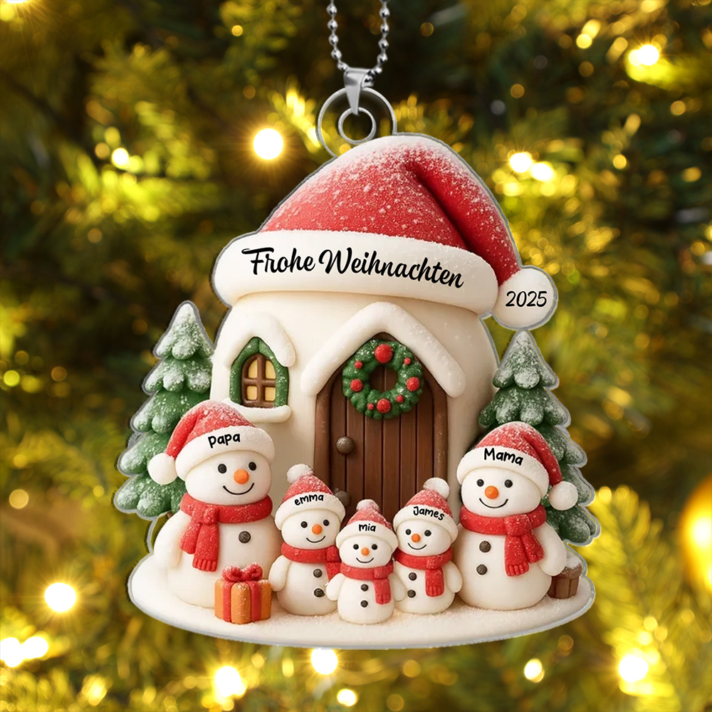 Personalisierter Christbaumschmuck mit Schneemannfamilie im Häuschen
