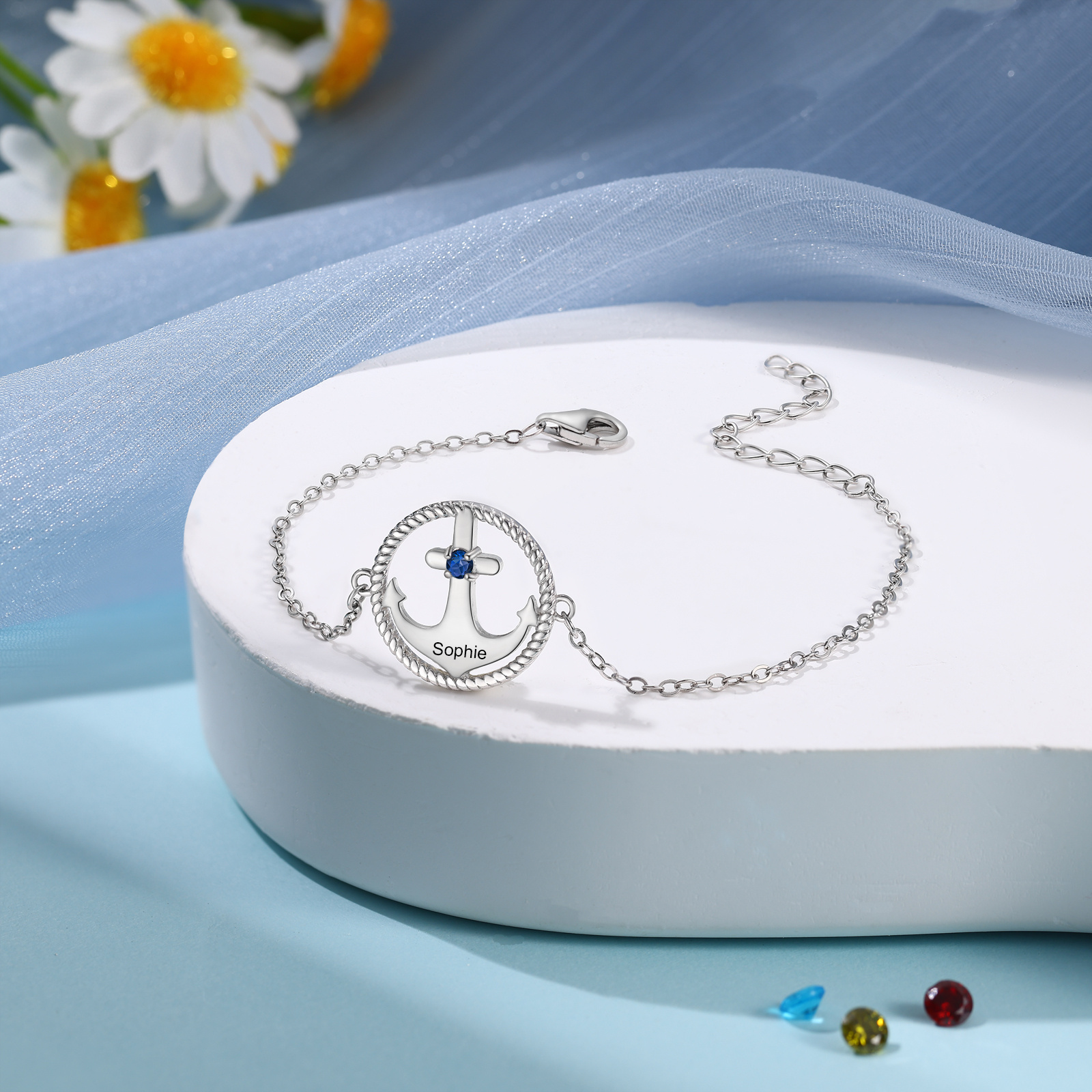 Personalisierte Eltern-Kind Stil Ankerarmband 925er Silber Geburtsstein & Gravur