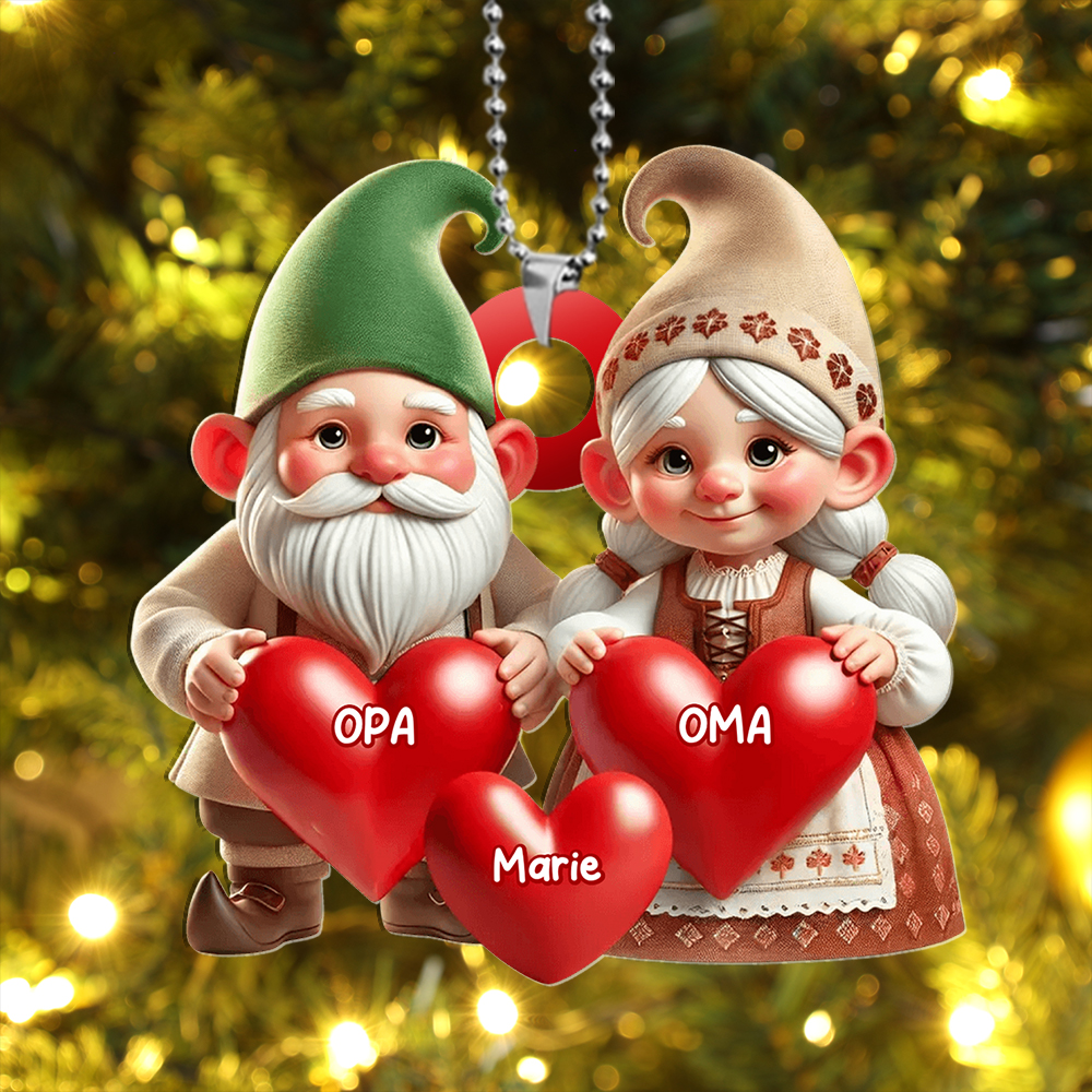 Personalisierter Weihnachtsbaumschmuck mit Herzen und Namen – Wichtel-Familie
