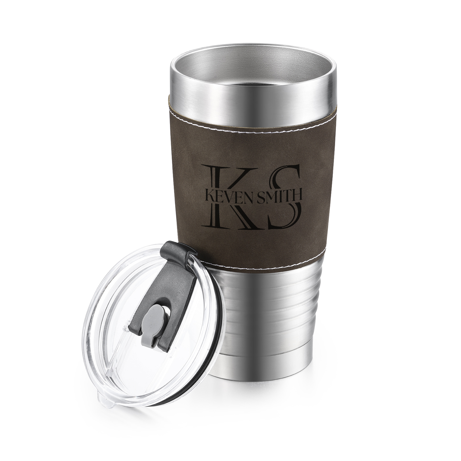 Edelstahlbecher mit individuell monogrammierter Lederhülle