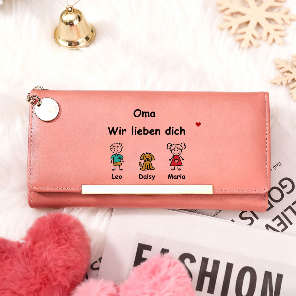 Personalisierte 1-6 Namen & Muster PU-Leder Portemonnaie -Oma wir lieben dich- Geldbörse für Oma Großmutter