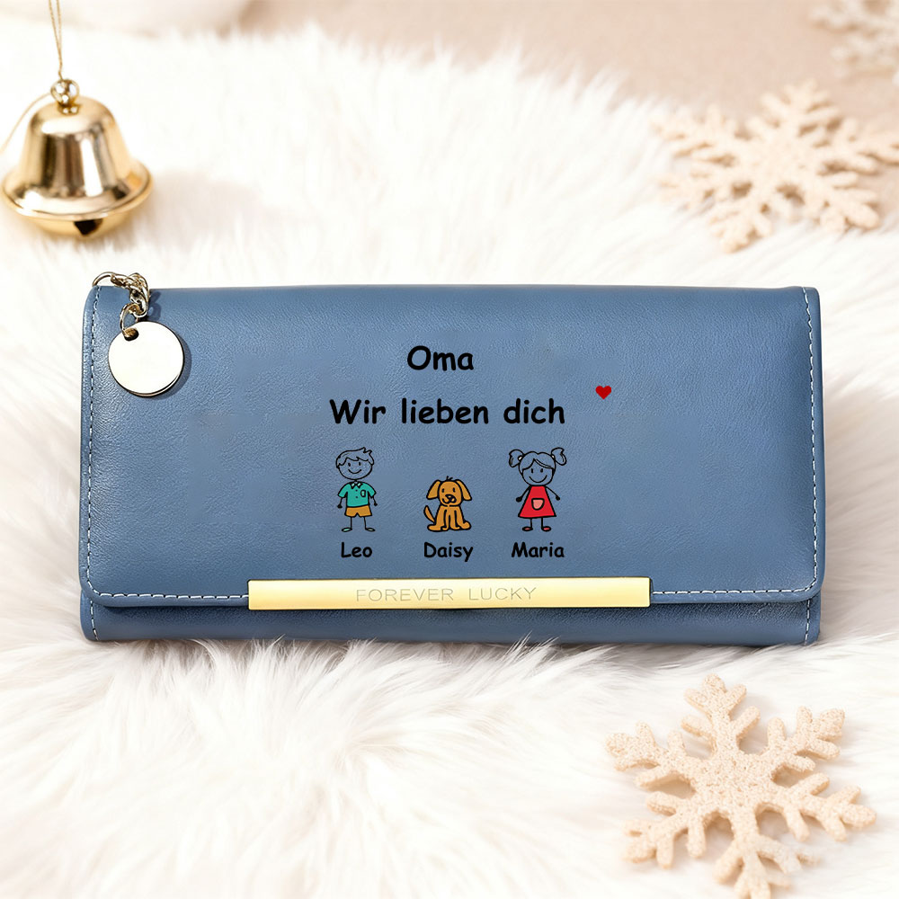 Personalisierte 1-6 Namen & Muster PU-Leder Portemonnaie -Oma wir lieben dich- Geldbörse für Oma Großmutter