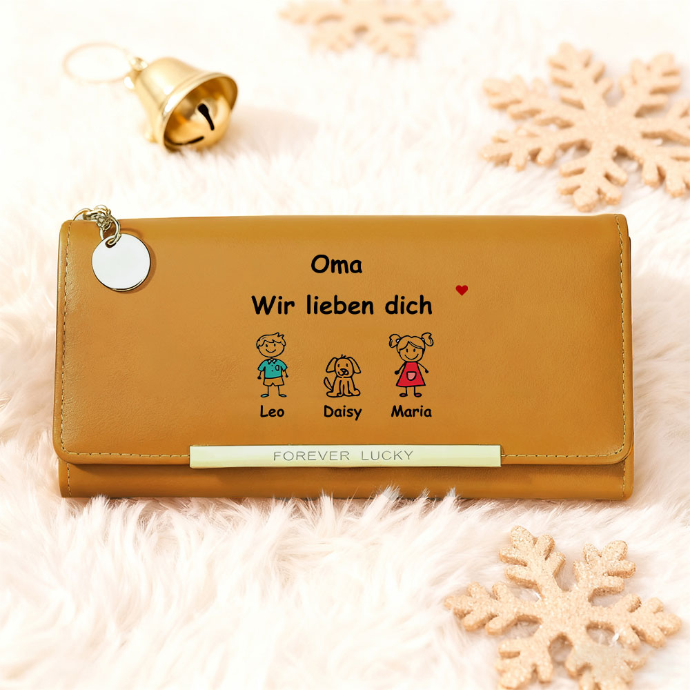 Personalisierte 1-6 Namen & Muster PU-Leder Portemonnaie -Oma wir lieben dich- Geldbörse für Oma Großmutter