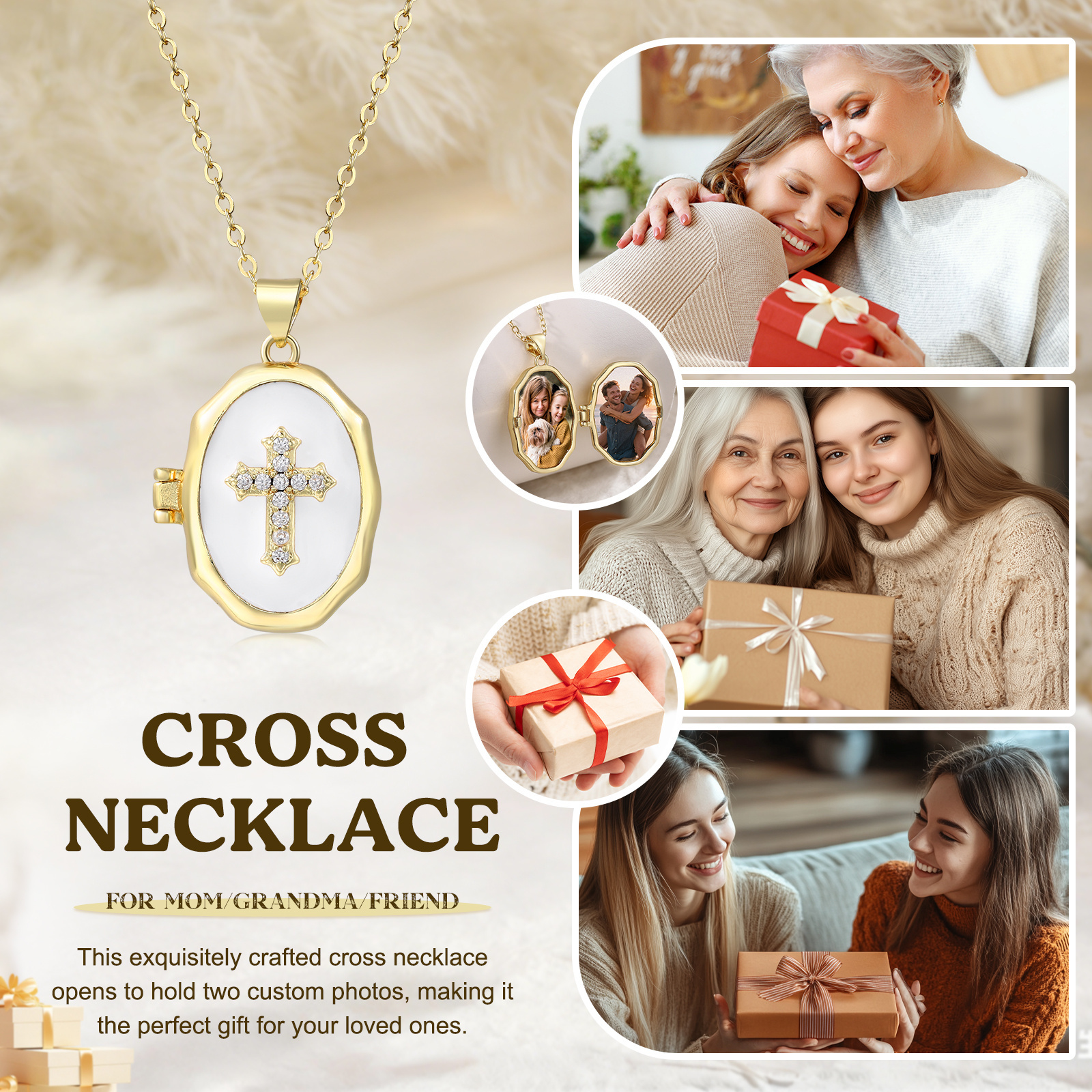 Personalisierte Kreuz Medaillon Halskette mit 2 Fotos personalisiert