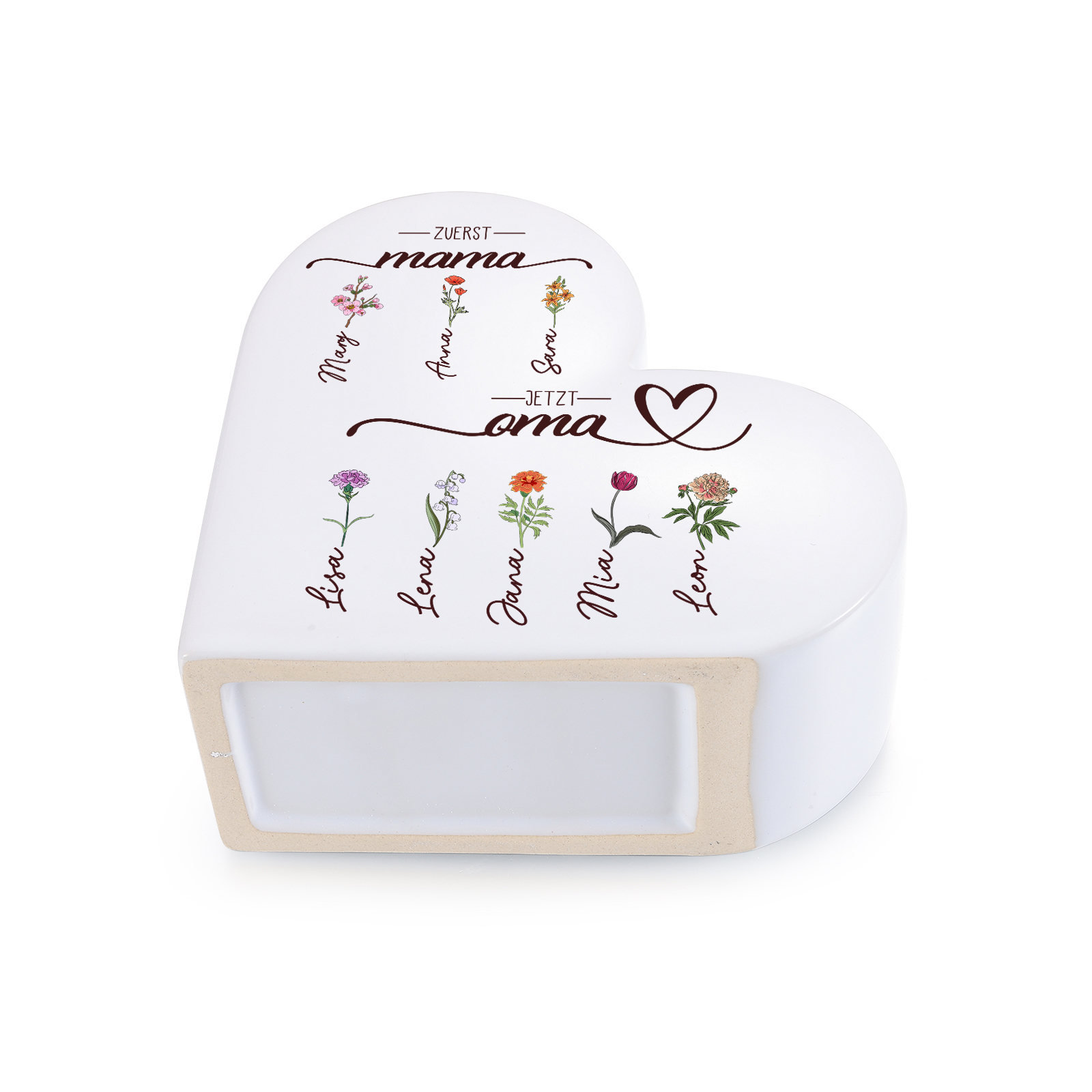 Personalisierte Keramikvase in Herzform Erst Mama, jetzt Oma personalisiert mit 2–10 Geburtsblumen und Namen