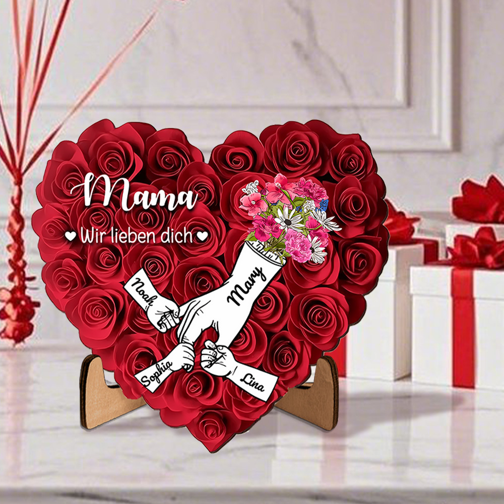 Personalisierte Rosenherz-Plakette, von einer Hand gehalten, mit 1–7 Kindernamen personalisierbar, Tischdekoration, Muttertags- oder Geburtstagsgeschenk für Mama | Jessemade