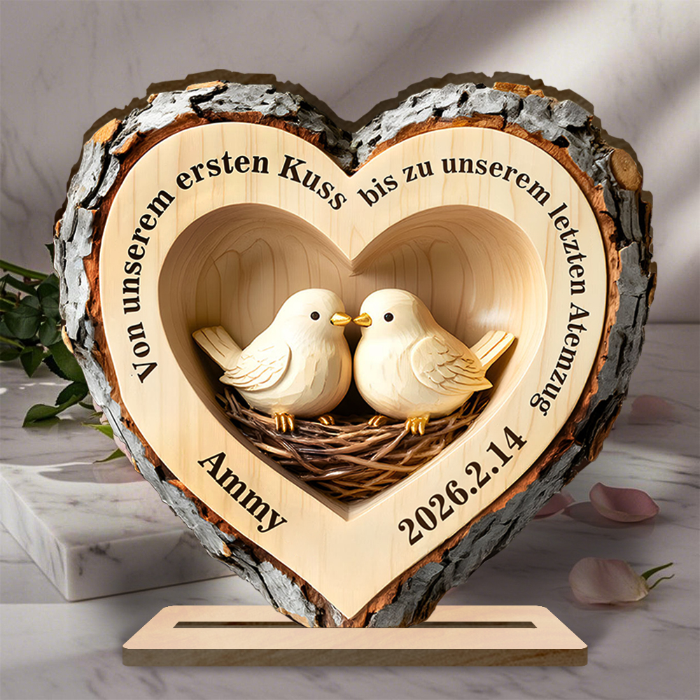 Personalisiertes Rinde Holzherz mit Liebesvögeln für Paare mit Text, Jahr und Name