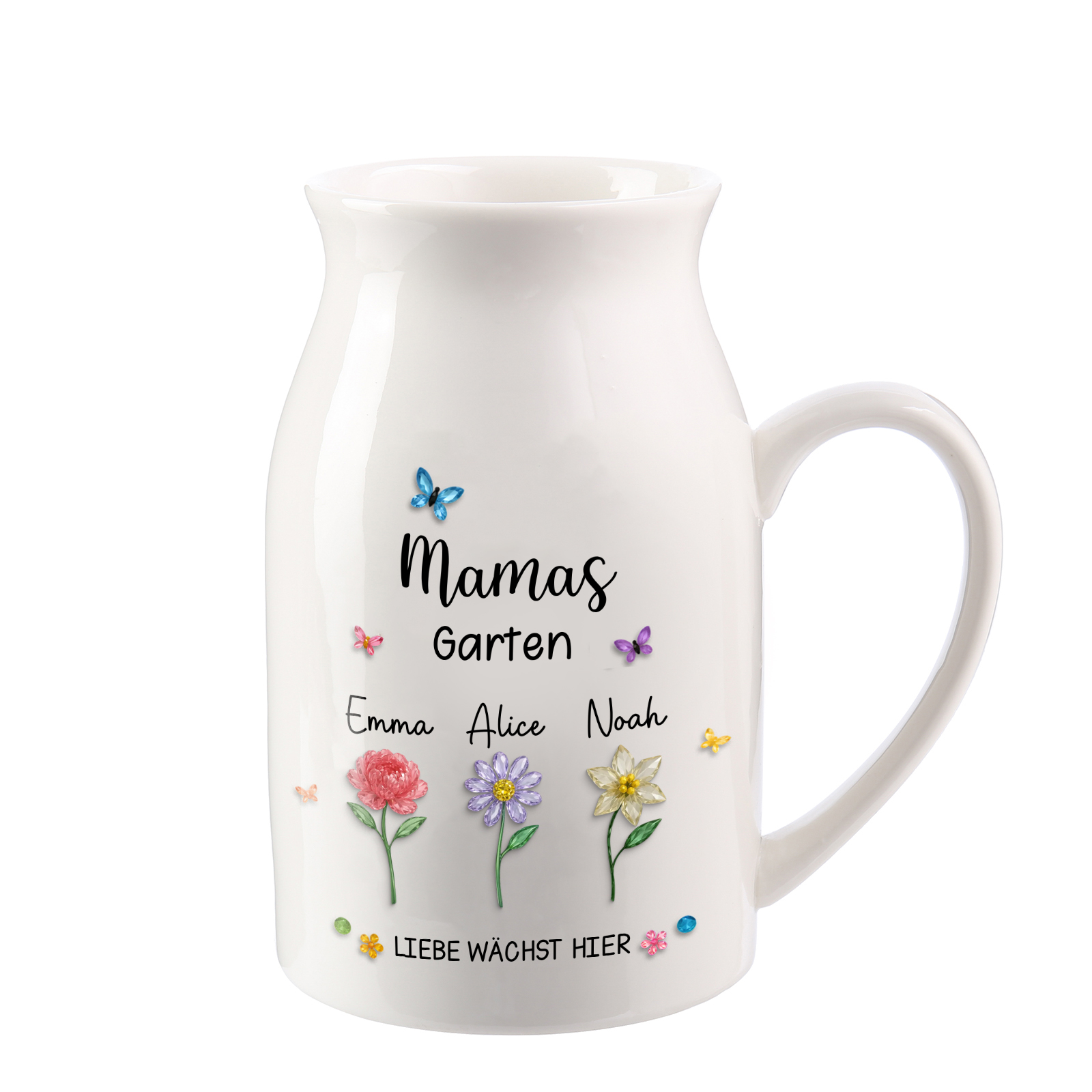Personalisierte Keramikvase „Mamas Garten“ mit 1–10 Geburtsblumen und Namen