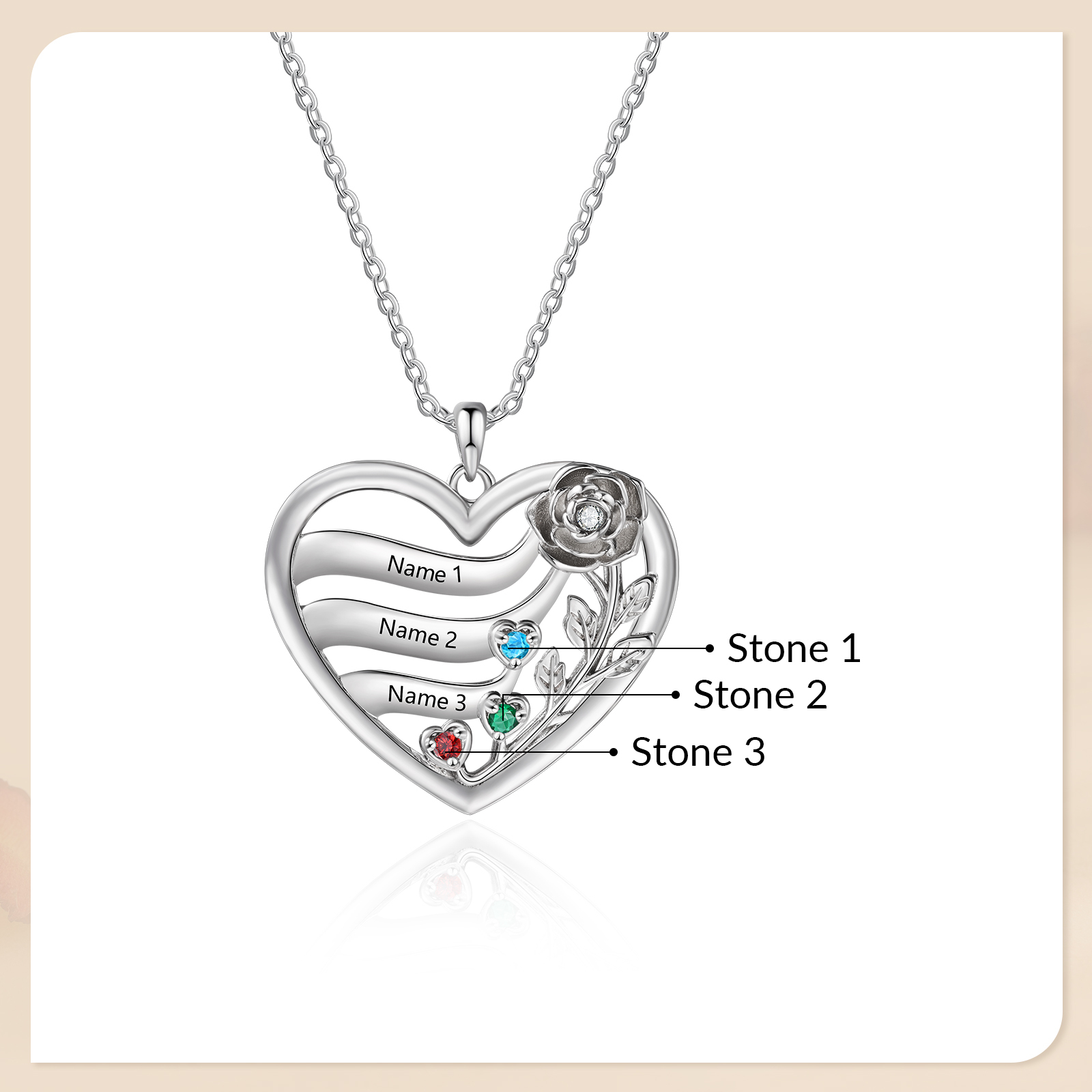 Personalisierte Rosenherz-Halskette mit Geburtssteinen und 2–5 Namen