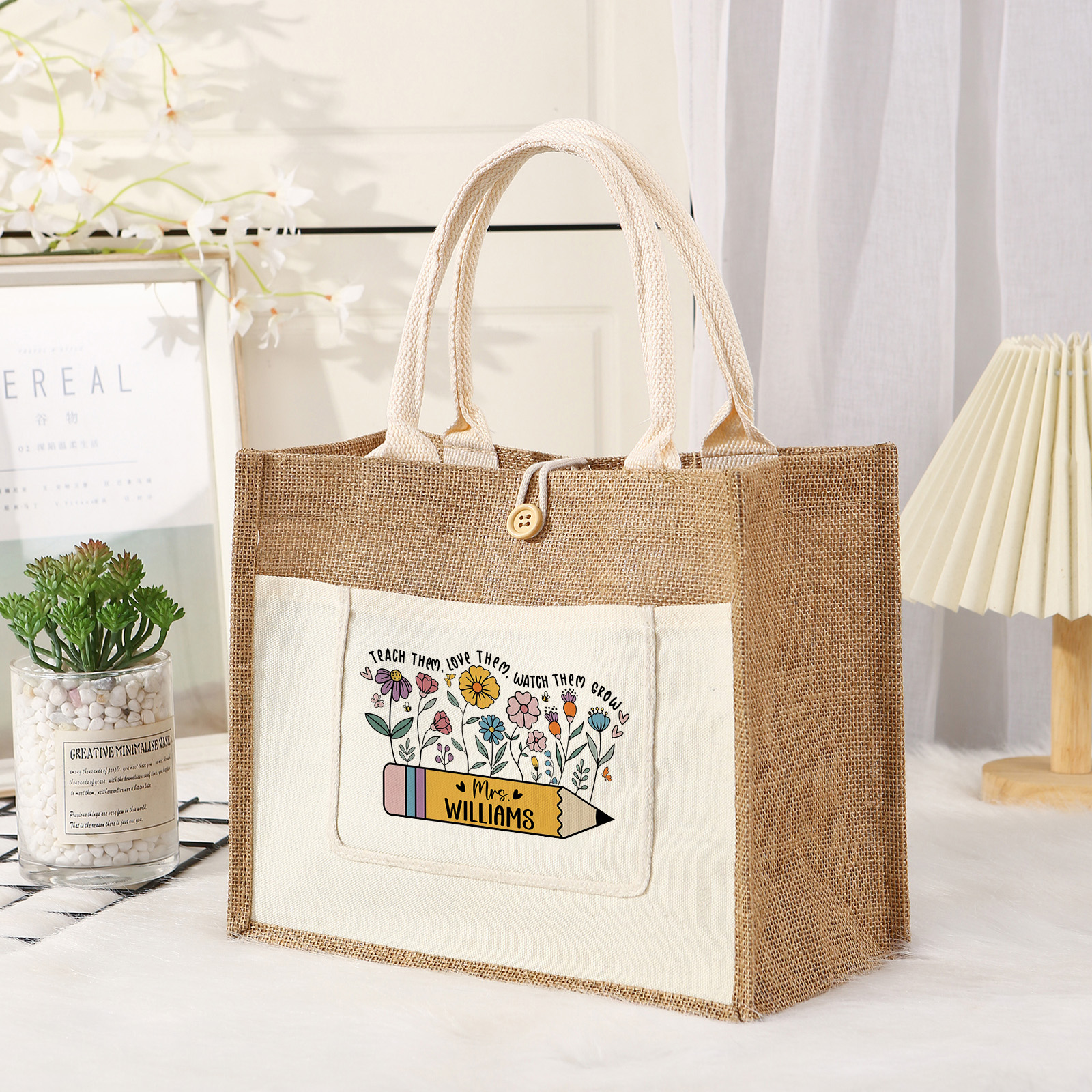 Personalisiertes Lehrer-Geschenk: Jutetasche mit Name & Motiv aus Jute-Canvas
