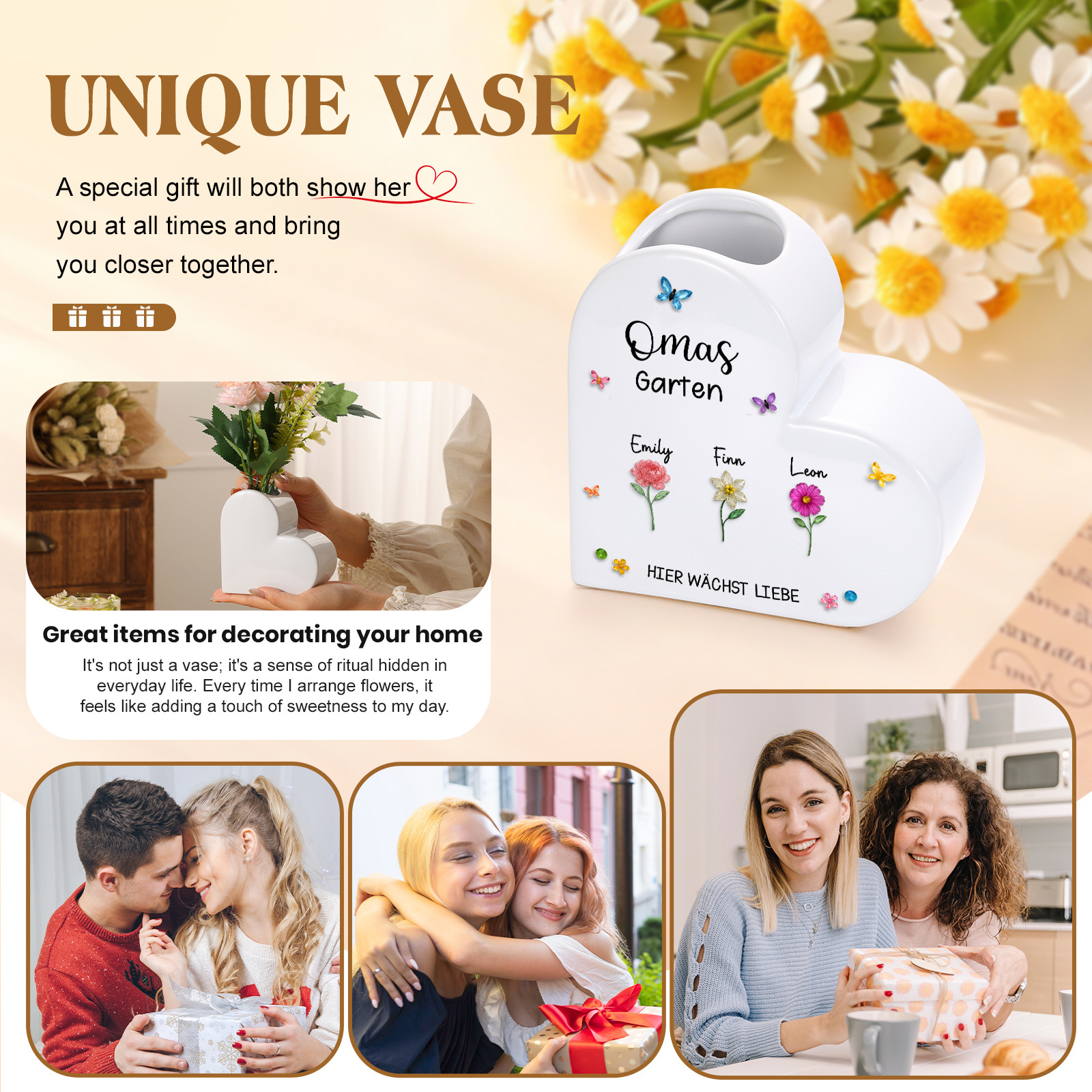 Personalisierte Keramikvase mit Herzmotiv, 1–10 Vornamen und Geburtsblumen Familiengeschenk für Mama oder Oma