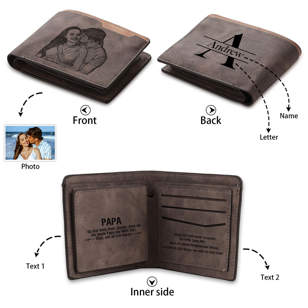 Personalisierte Herren-Geldbörse aus PU-Leder mit Foto- und Textgravur, zweifach klappbar, Geschenk für Papa