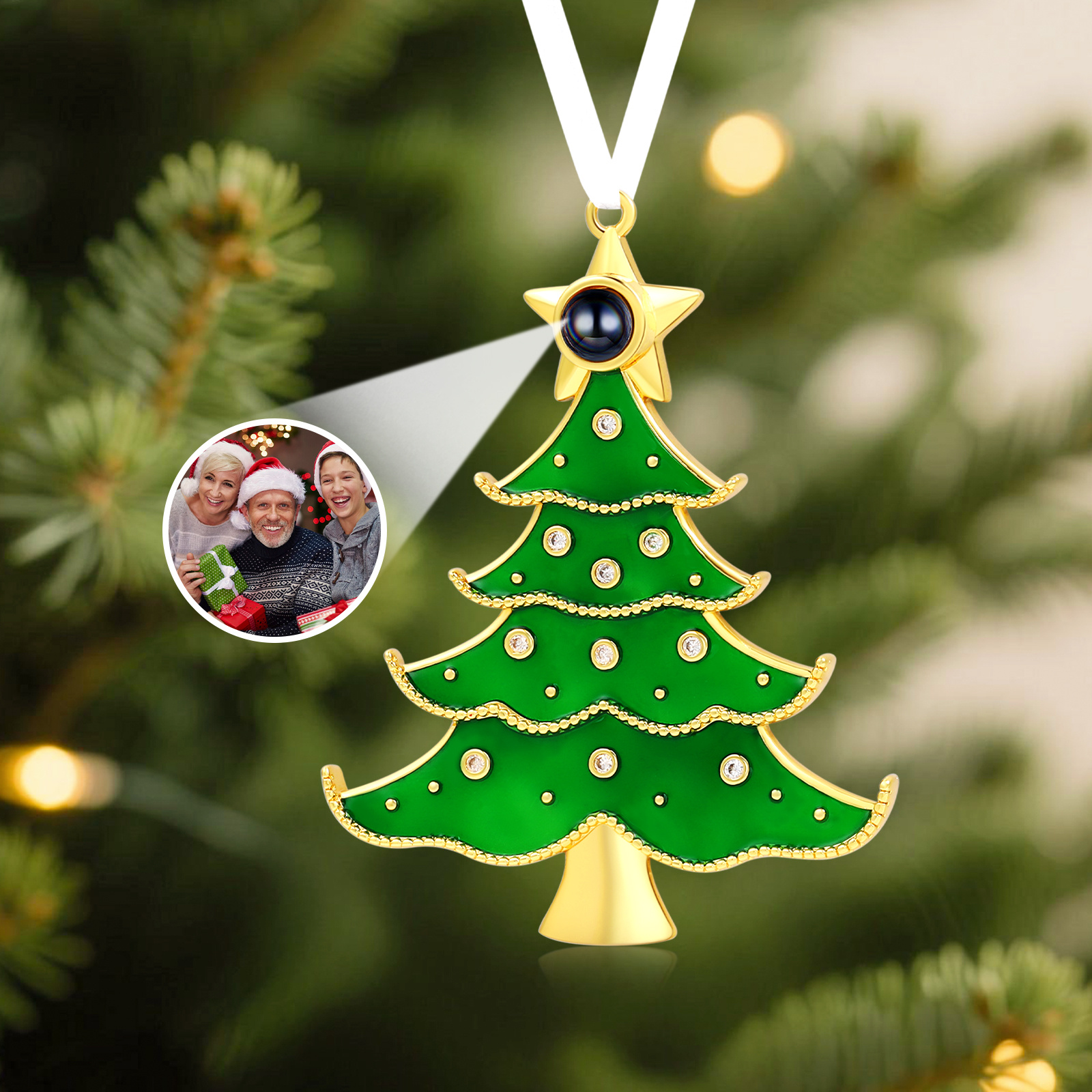 Personalisierter grün-goldener Weihnachtsbaum-Anhänger, Fotoprojektion, Ornament, für Weihnachtsgeschenke