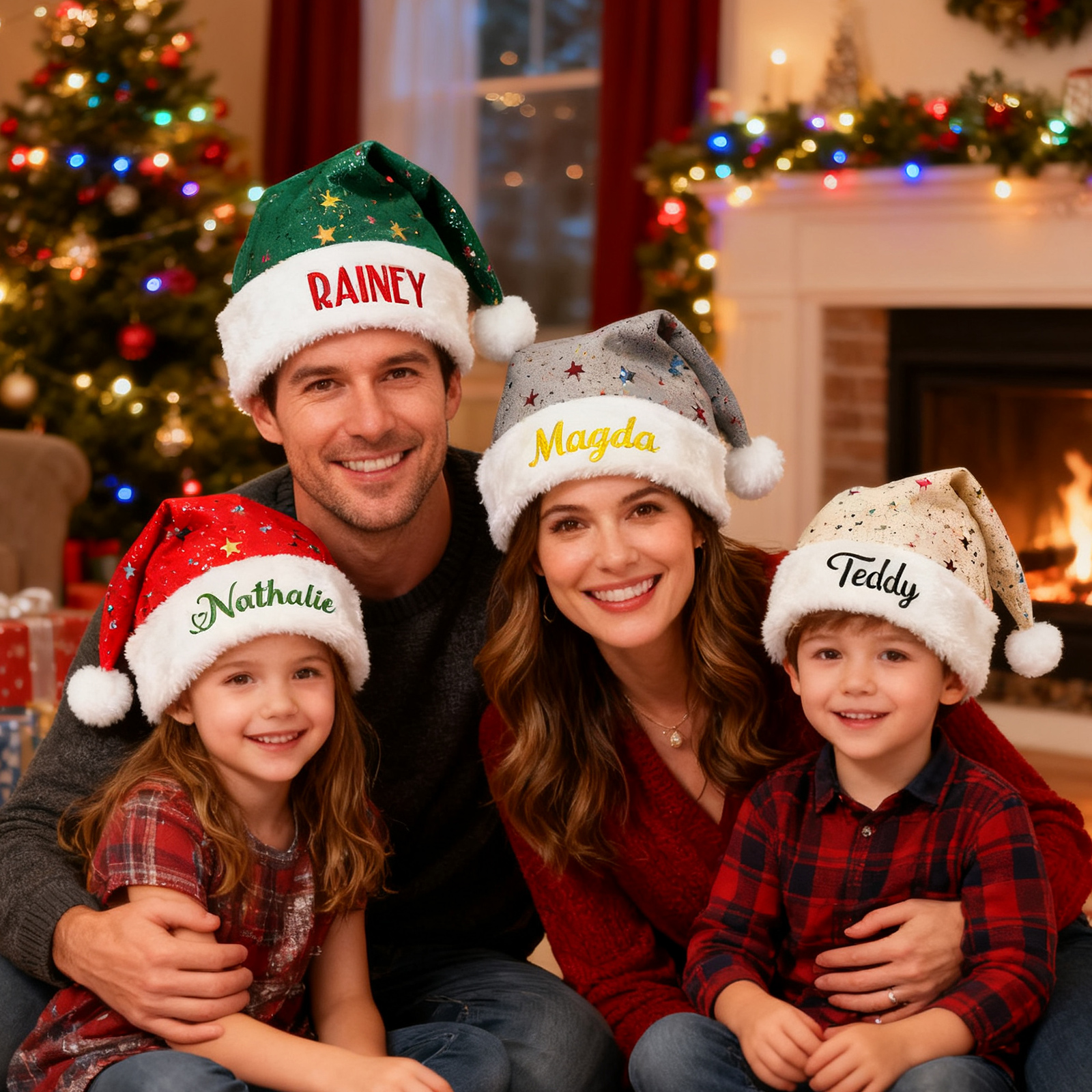 Weihnachtsmütze personalisiert – Namensstickerei, Auswahl an Schriftarten und Farben, mit Glitzersternen