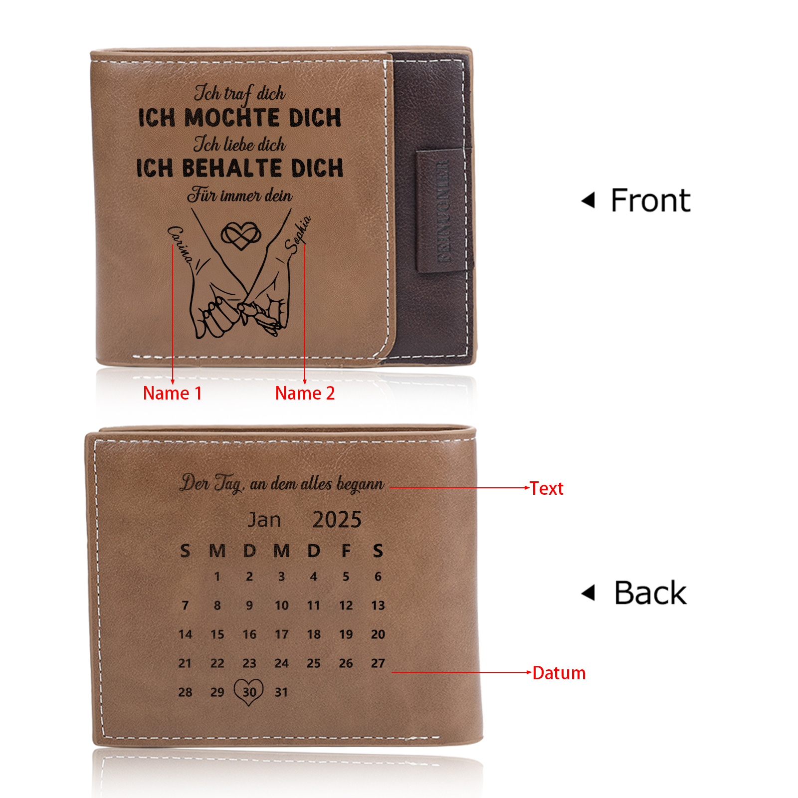 Personalisierte Kalender-Leder-Geldbörse für Männer – Geschenk für Paare