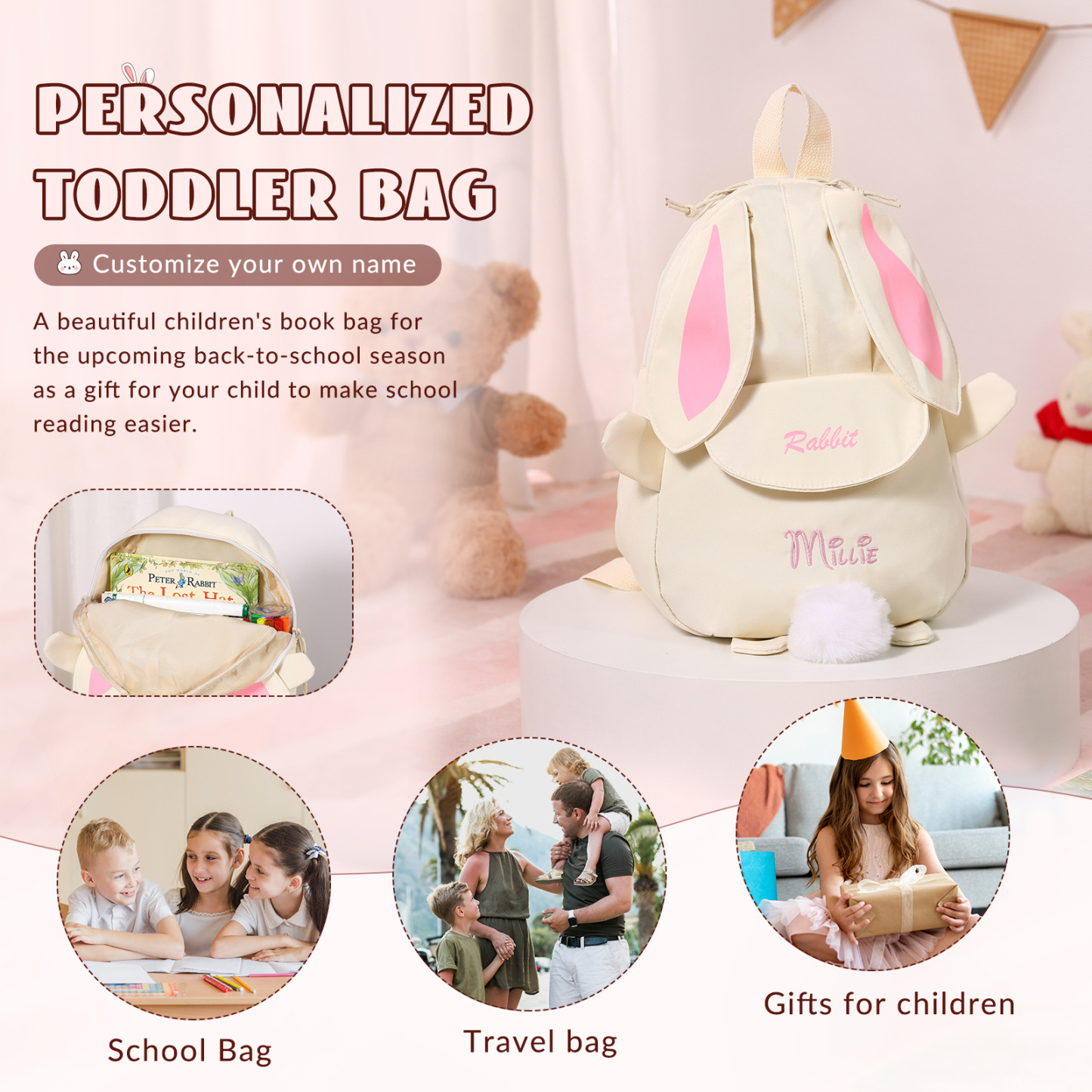 Personalisierter Schulrucksack mit Namen, individuelles niedliches Hasen-Design, Geschenk in 5 Farben, zurück zur Schule Geschenk