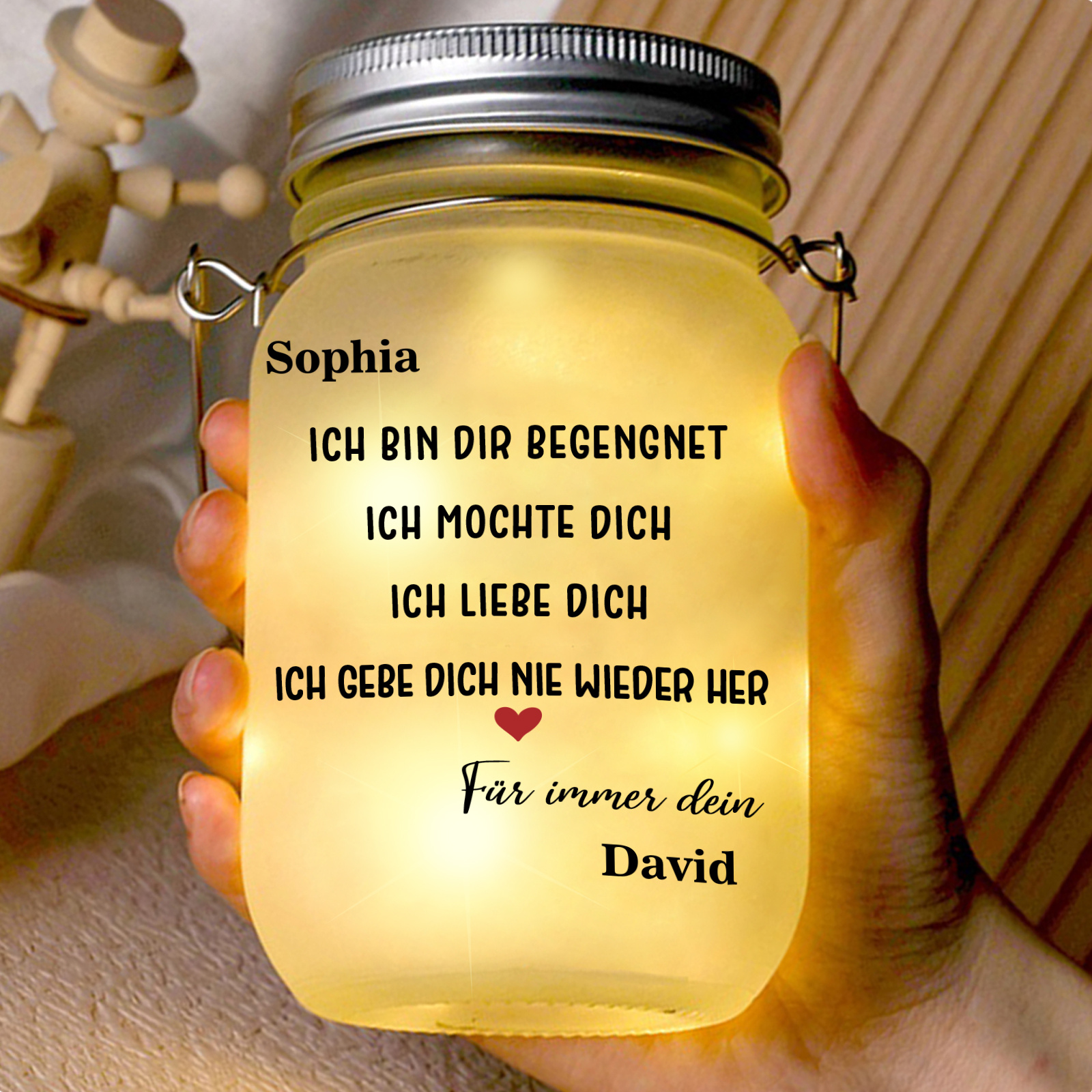 Personalisierte LED-Solar-Glaslampe im Einmachglas mit romantischem Stadtmotiv und zwei Namen