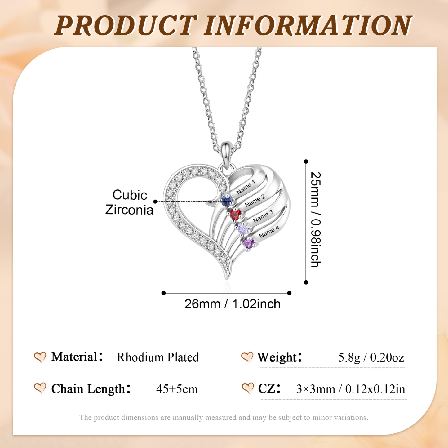 Personalisierte Herz-Halskette mit Geburtssteinen gestaltet mit 2–4 Familiennamen