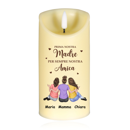 Candela LED Senza Fiamma Personalizzata – 2-4 Nomi e Abbigliamento – Regalo Perfetto per la Festa della Mamma