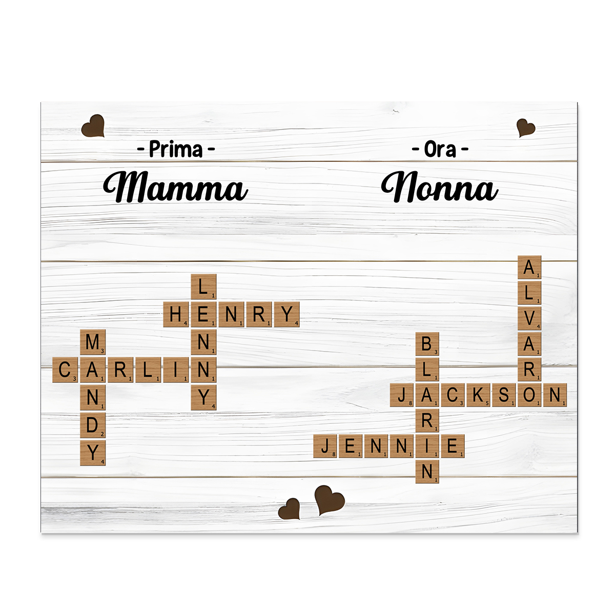 Targa in legno personalizzata, regalo di famiglia con cruciverba, ricordo per la nonna