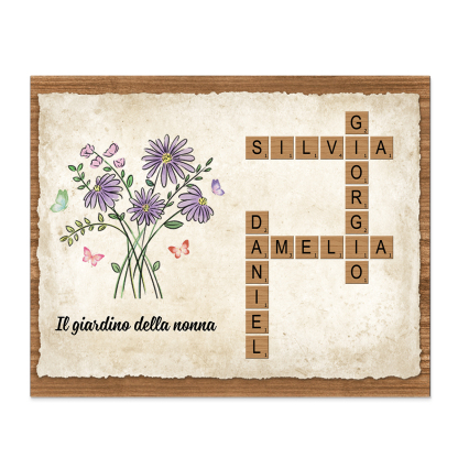 Targa in Legno Personalizzata – Nomi e Fiori di Nascita – Tema Cruciverba – Idea Regalo per la Nonna o Festa della Mamma