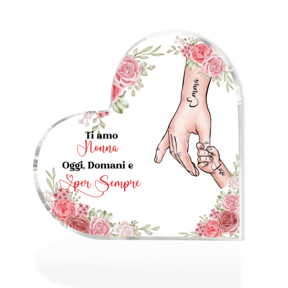 Decorazione Acrilica a Forma di Cuore Mano nella Mano Personalizzata – 2 Nomi e Testo per Nonna o Mamma | Jessemade