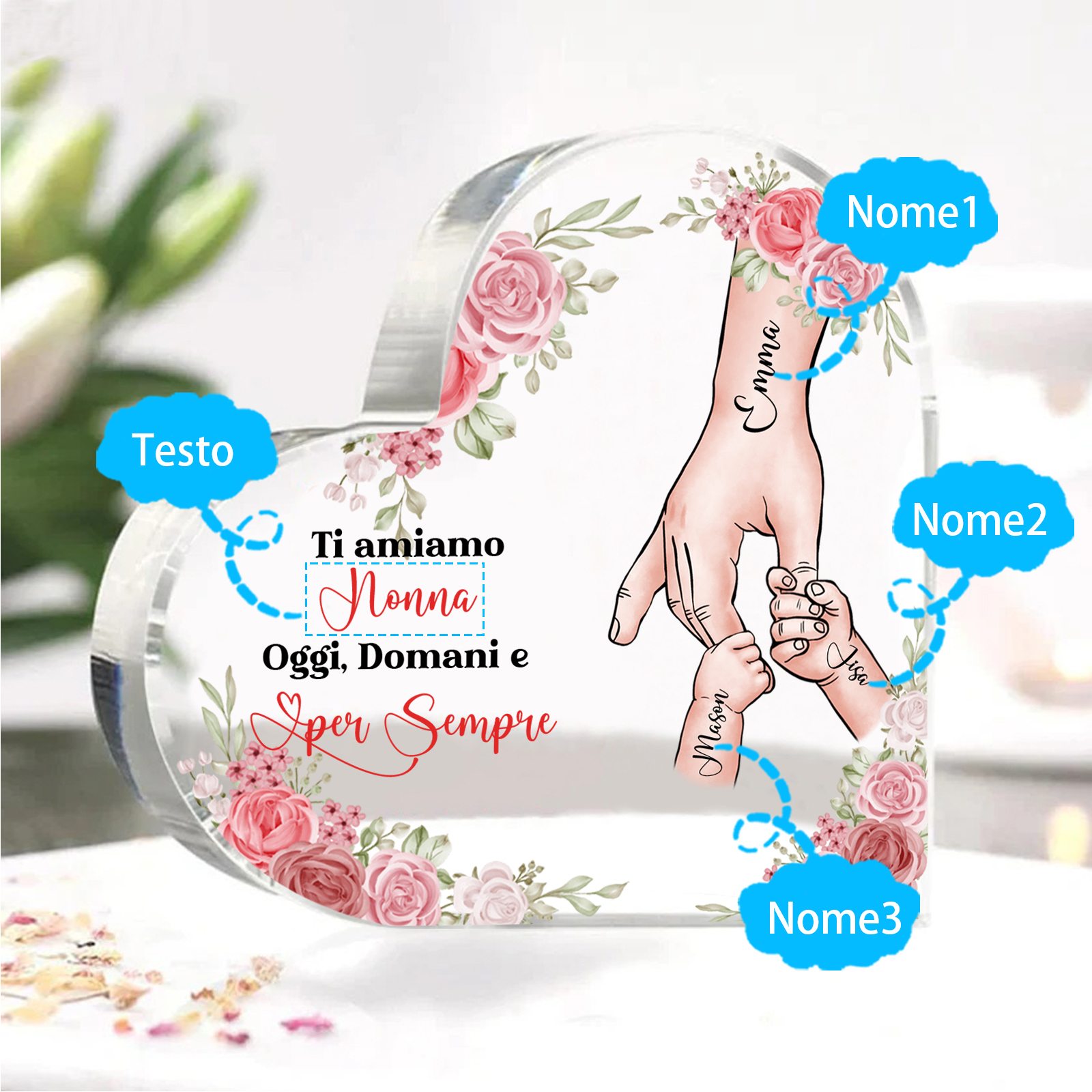 Decorazione Acrilica a Forma di Cuore Mano nella Mano Personalizzata – 3 Nomi e Testo per Nonna o Mamma | Jessemade