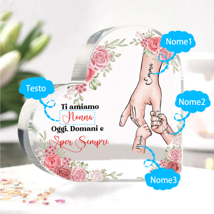 Decorazione Acrilica a Forma di Cuore Mano nella Mano Personalizzata – 3 Nomi e Testo per Nonna o Mamma | Jessemade