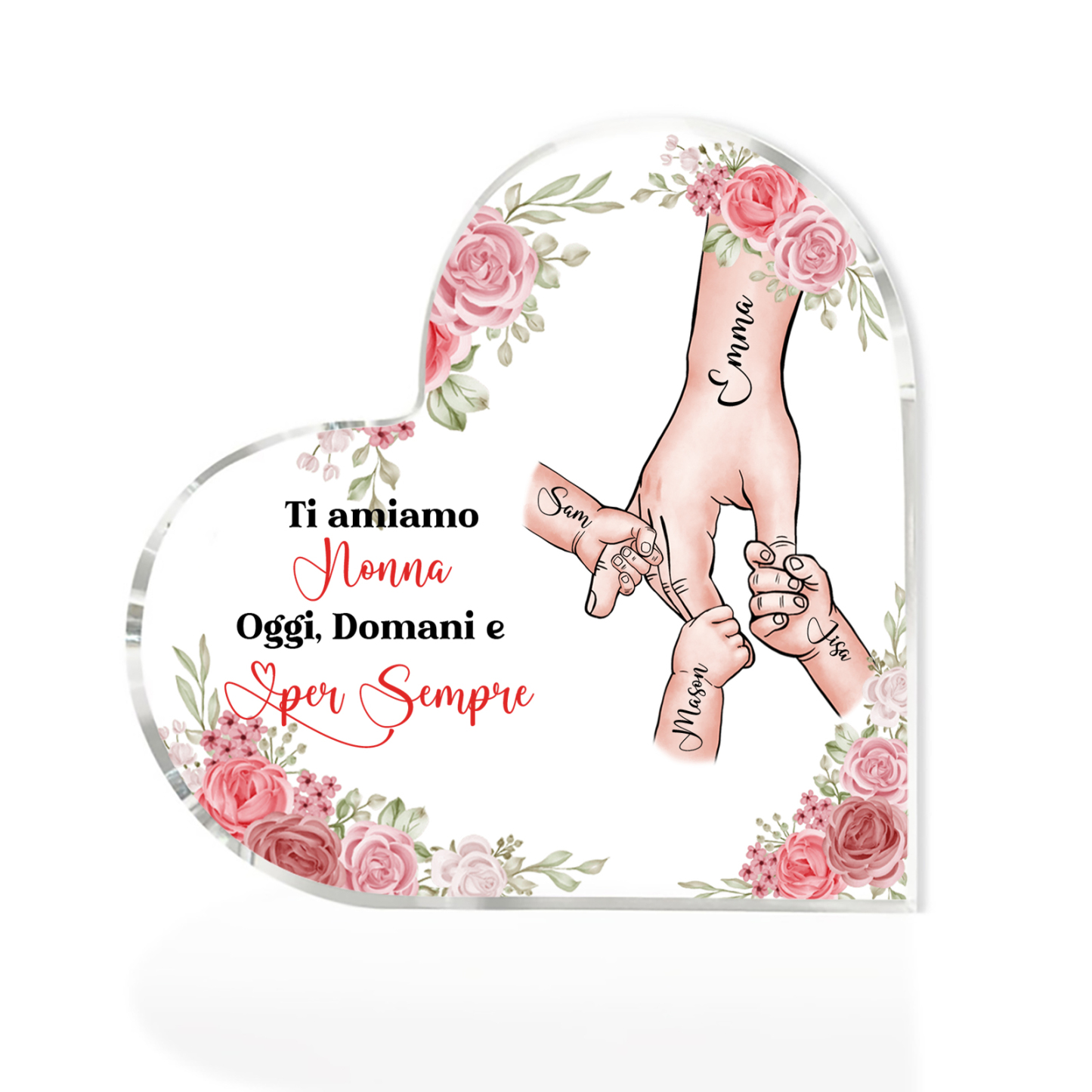 Decorazione Acrilica a Forma di Cuore Mano nella Mano Personalizzata – 4 Nomi e Testo per Nonna o Mamma | Jessemade