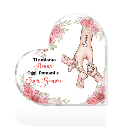 Decorazione Acrilica a Forma di Cuore Mano nella Mano Personalizzata – 4 Nomi e Testo per Nonna o Mamma | Jessemade