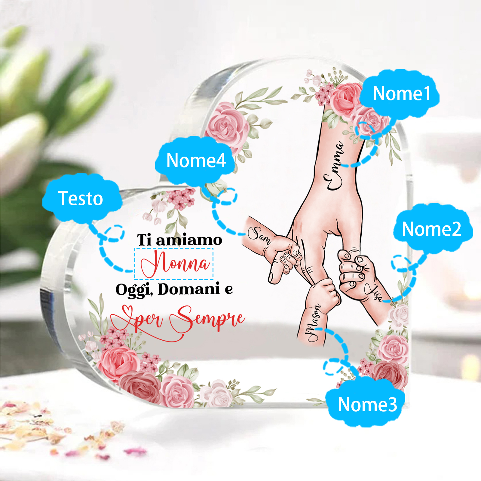 Decorazione Acrilica a Forma di Cuore Mano nella Mano Personalizzata – 4 Nomi e Testo per Nonna o Mamma | Jessemade