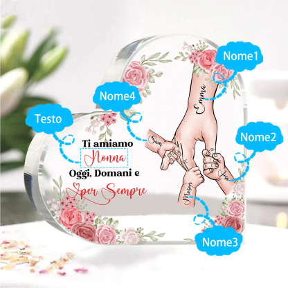Decorazione Acrilica a Forma di Cuore Mano nella Mano Personalizzata – 4 Nomi e Testo per Nonna o Mamma | Jessemade