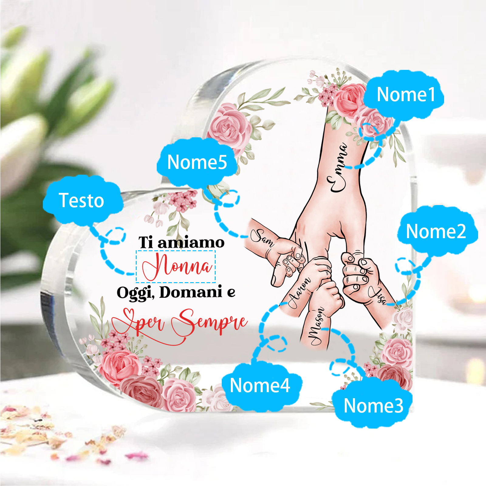 Decorazione Acrilica a Forma di Cuore Mano nella Mano Personalizzata – 5 Nomi e Testo per Nonna o Mamma | Jessemade