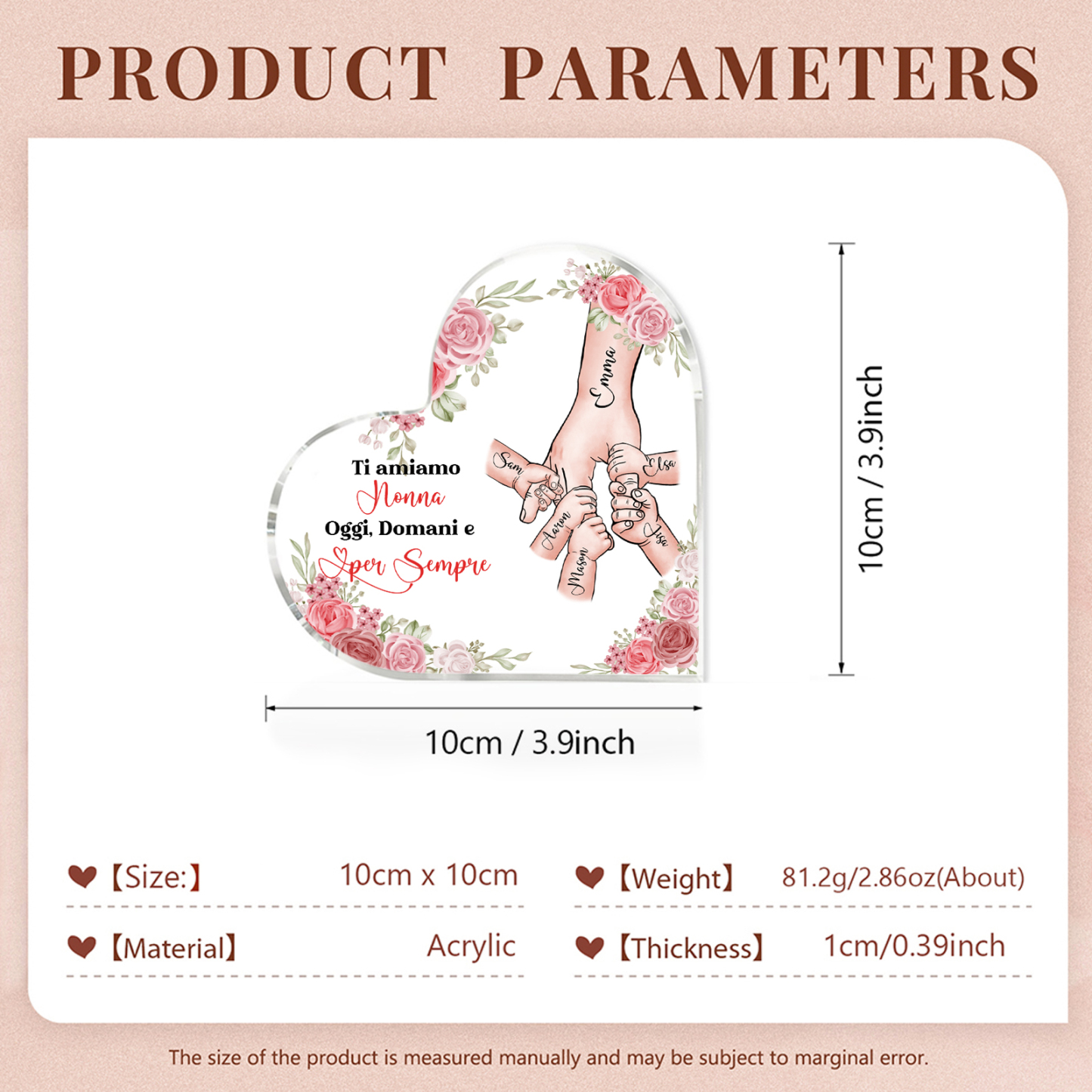 Decorazione Acrilica a Forma di Cuore Mano nella Mano Personalizzata – 6 Nomi e Testo per Nonna o Mamma | Jessemade