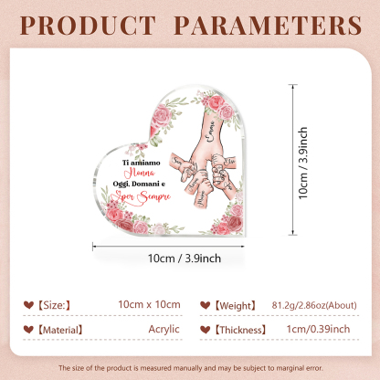 Decorazione Acrilica a Forma di Cuore Mano nella Mano Personalizzata – 6 Nomi e Testo per Nonna o Mamma | Jessemade