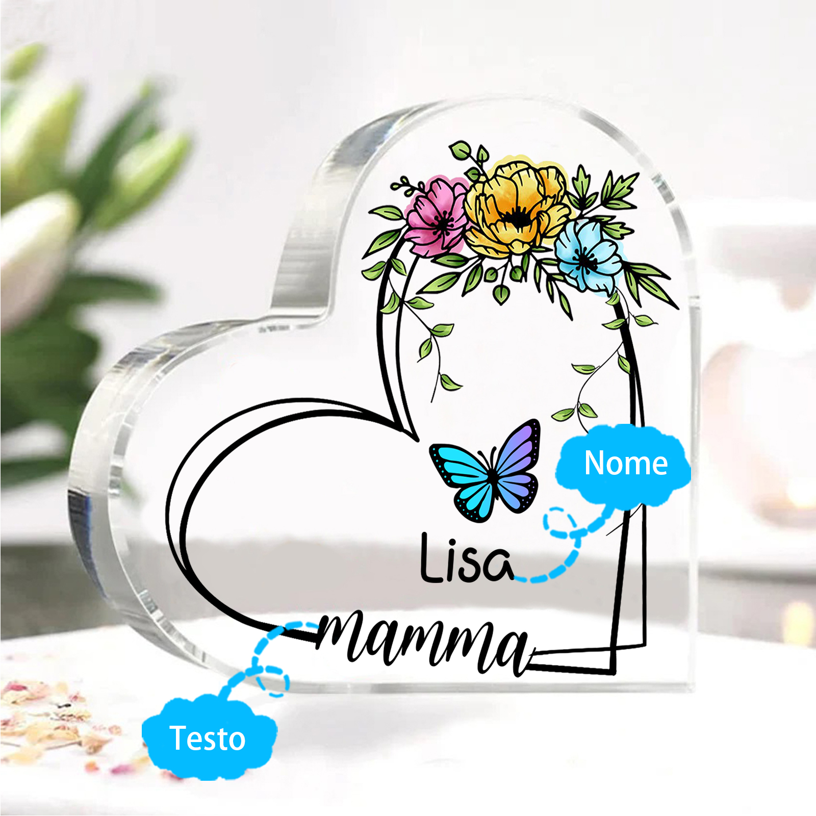 Decorazione Acrilica a Forma di Cuore Personalizzata con Farfalla – 1 Nome e Testo per Nonna o Mamma | Jessemade
