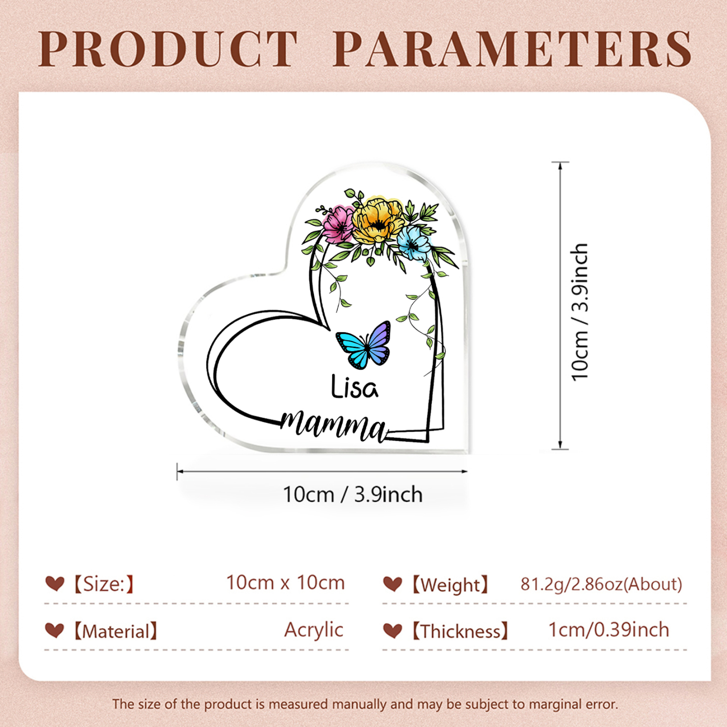 Decorazione Acrilica a Forma di Cuore Personalizzata con Farfalla – 1 Nome e Testo per Nonna o Mamma | Jessemade