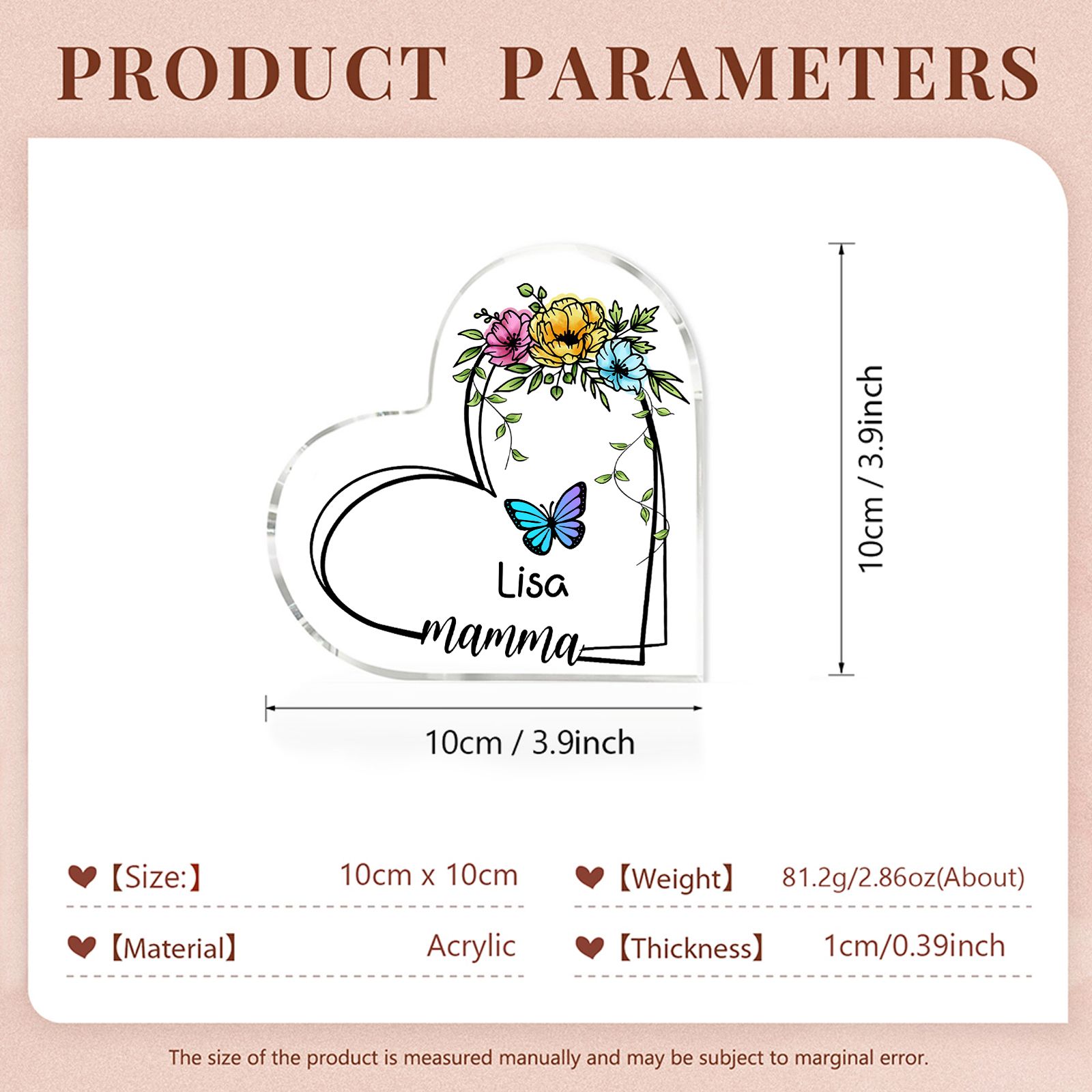 Decorazione Acrilica a Forma di Cuore Personalizzata con Farfalla – 1 Nome e Testo per Nonna o Mamma | Jessemade