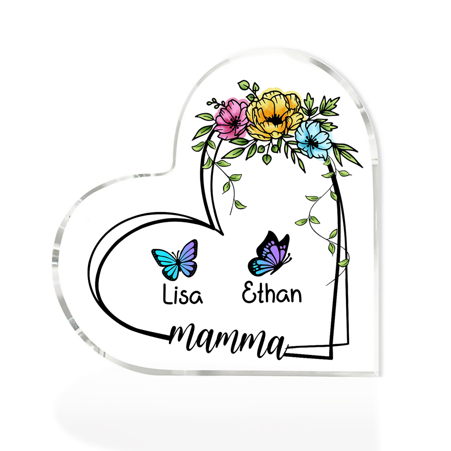 Decorazione Acrilica a Forma di Cuore Personalizzata con Farfalla – 2 Nomi e Testo per Nonna o Mamma | Jessemade