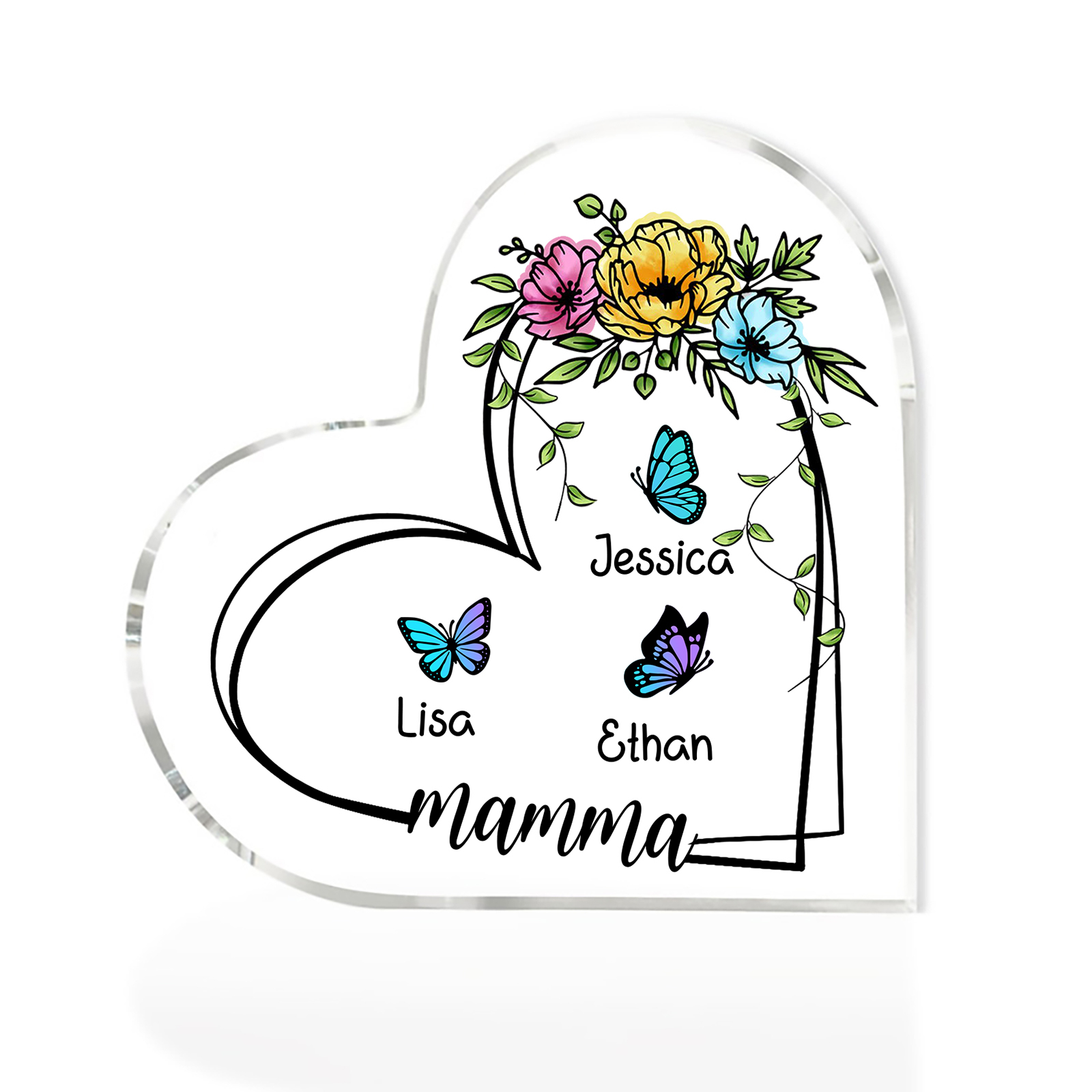 Decorazione Acrilica a Forma di Cuore Personalizzata con Farfalla – 3 Nomi e Testo per Nonna o Mamma | Jessemade