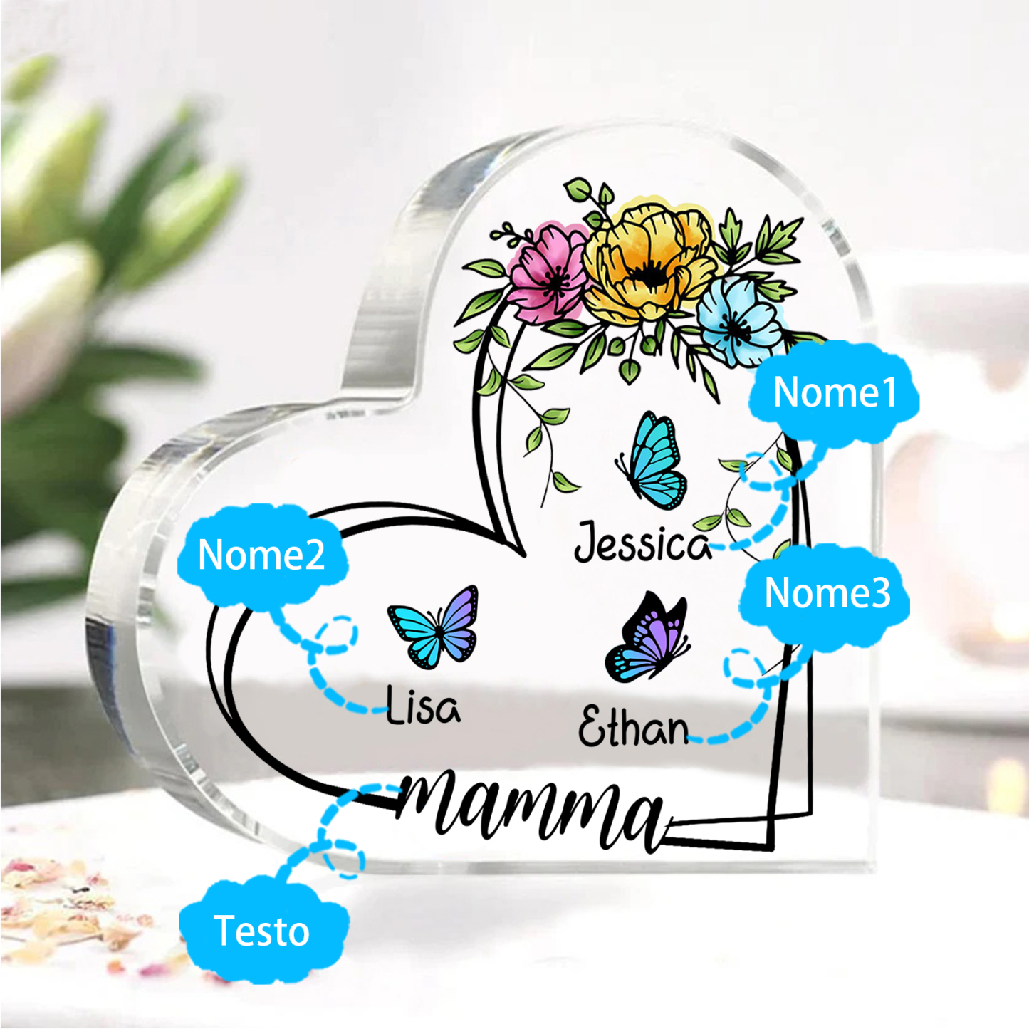 Decorazione Acrilica a Forma di Cuore Personalizzata con Farfalla – 3 Nomi e Testo per Nonna o Mamma | Jessemade