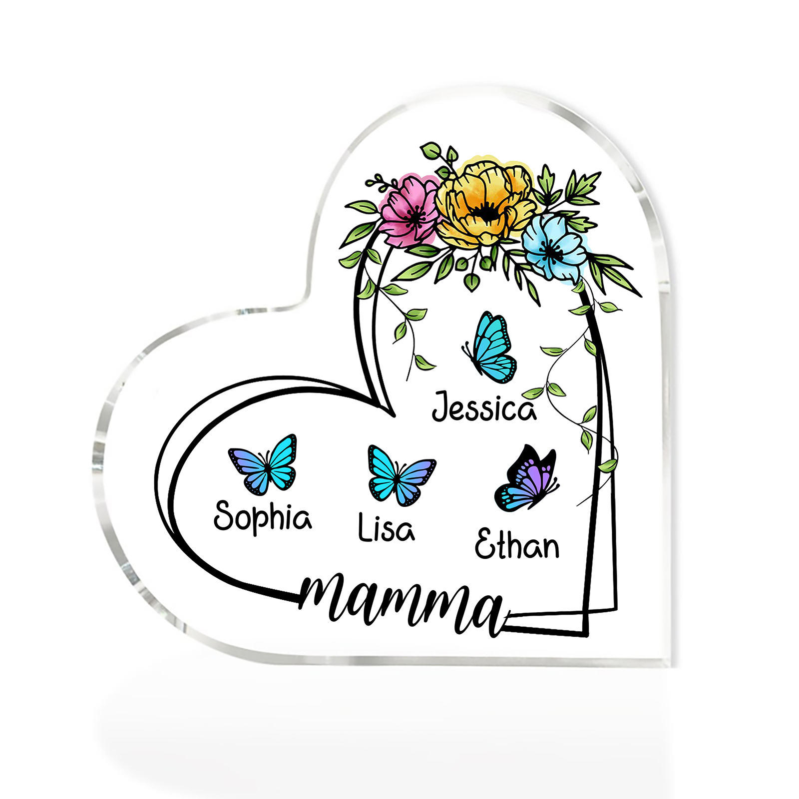 Decorazione Acrilica a Forma di Cuore Personalizzata con Farfalla – 4 Nomi e Testo per Nonna o Mamma | Jessemade