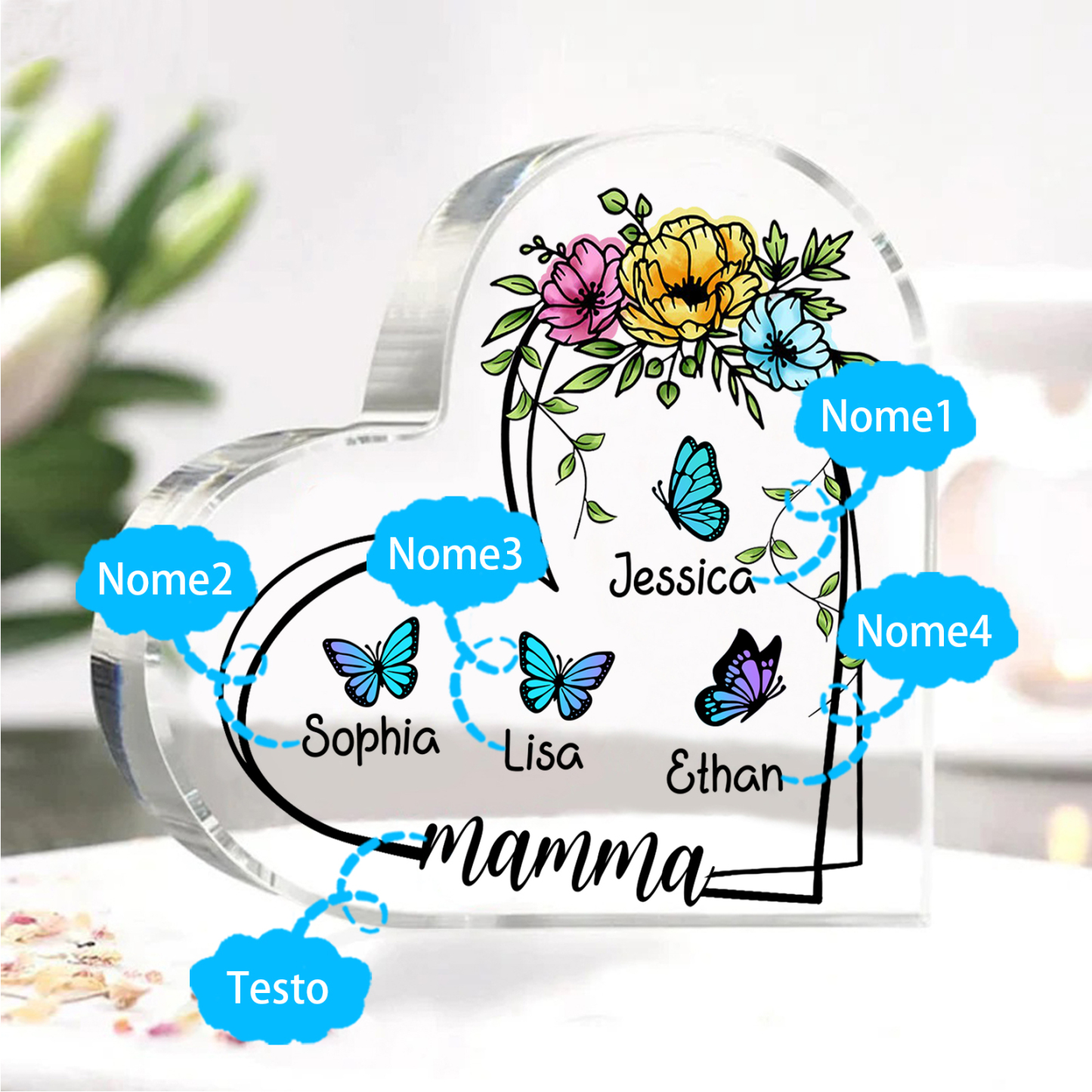 Decorazione Acrilica a Forma di Cuore Personalizzata con Farfalla – 4 Nomi e Testo per Nonna o Mamma | Jessemade