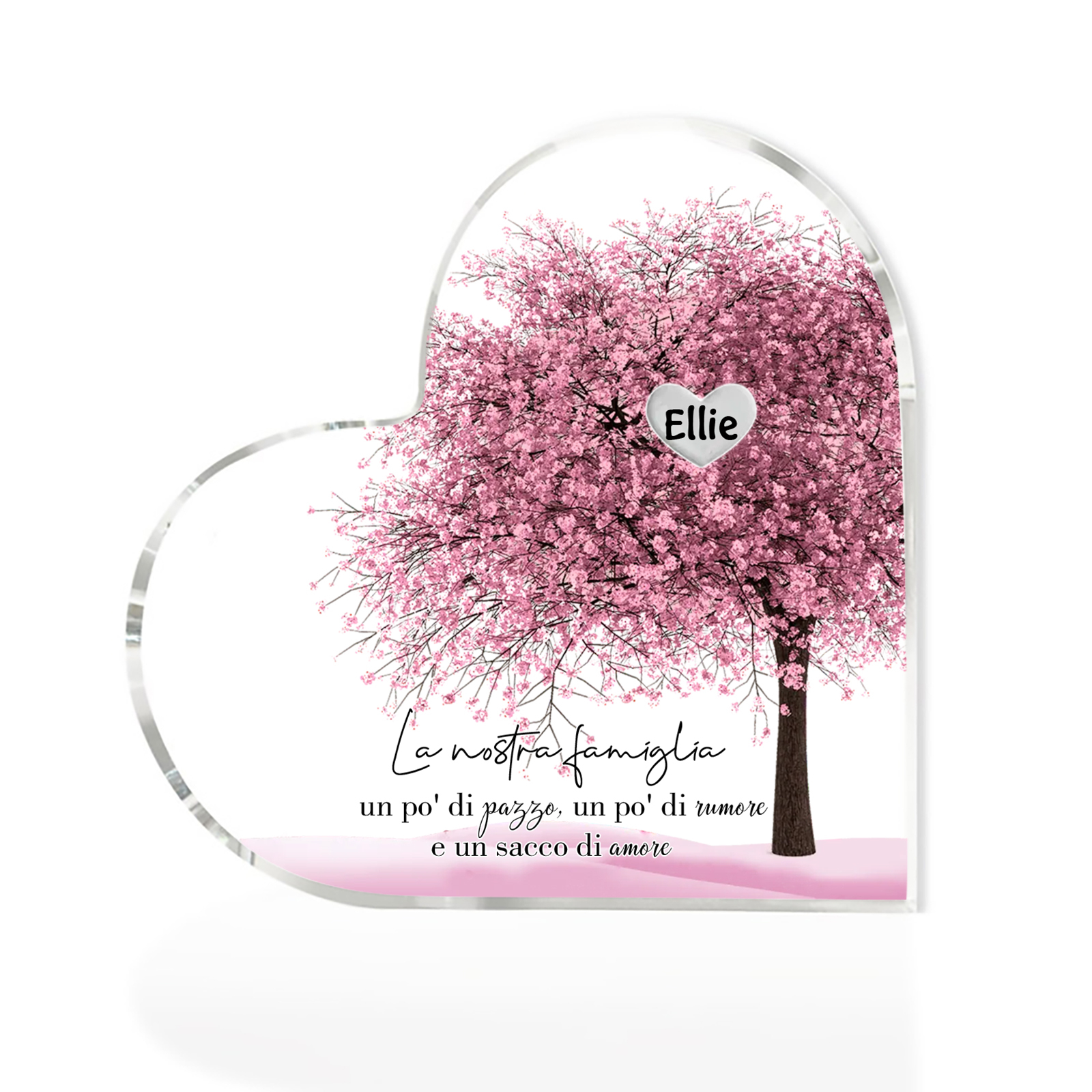 La Nostra Famiglia-Decorazione cuore acrilica con albero di cuore rosa con 1 nome personalizzato