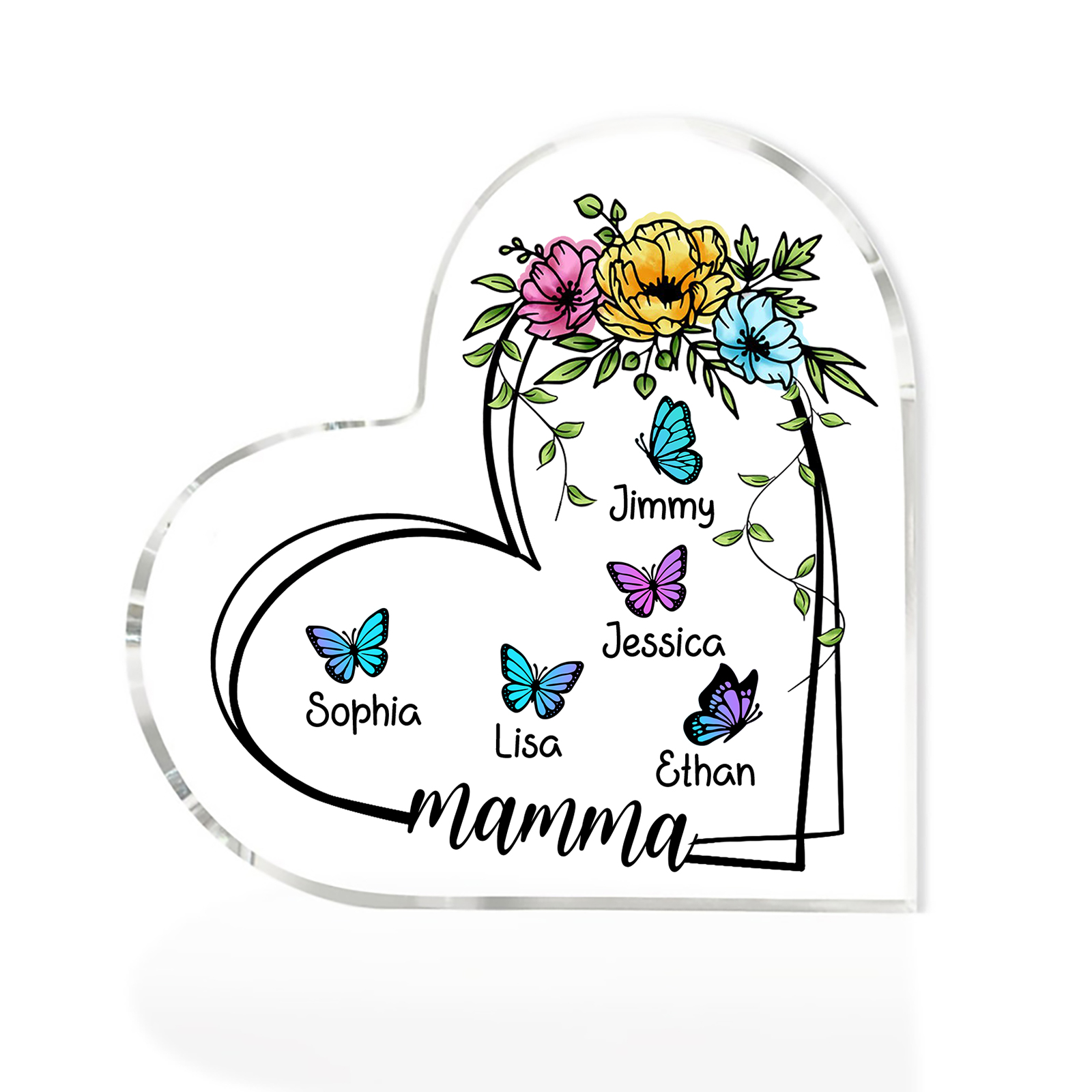 Decorazione Acrilica a Forma di Cuore Personalizzata con Farfalla – 5 Nomi e Testo per Nonna o Mamma | Jessemade