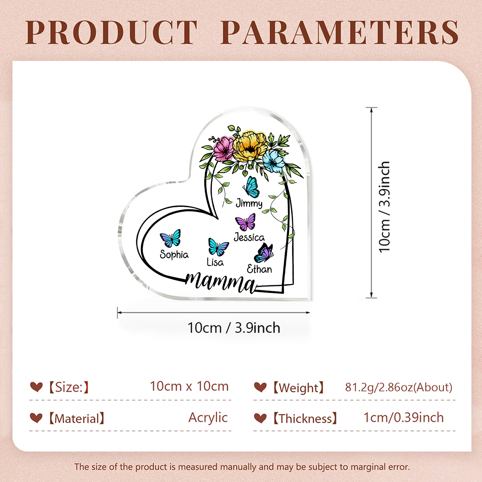 Decorazione Acrilica a Forma di Cuore Personalizzata con Farfalla – 5 Nomi e Testo per Nonna o Mamma | Jessemade