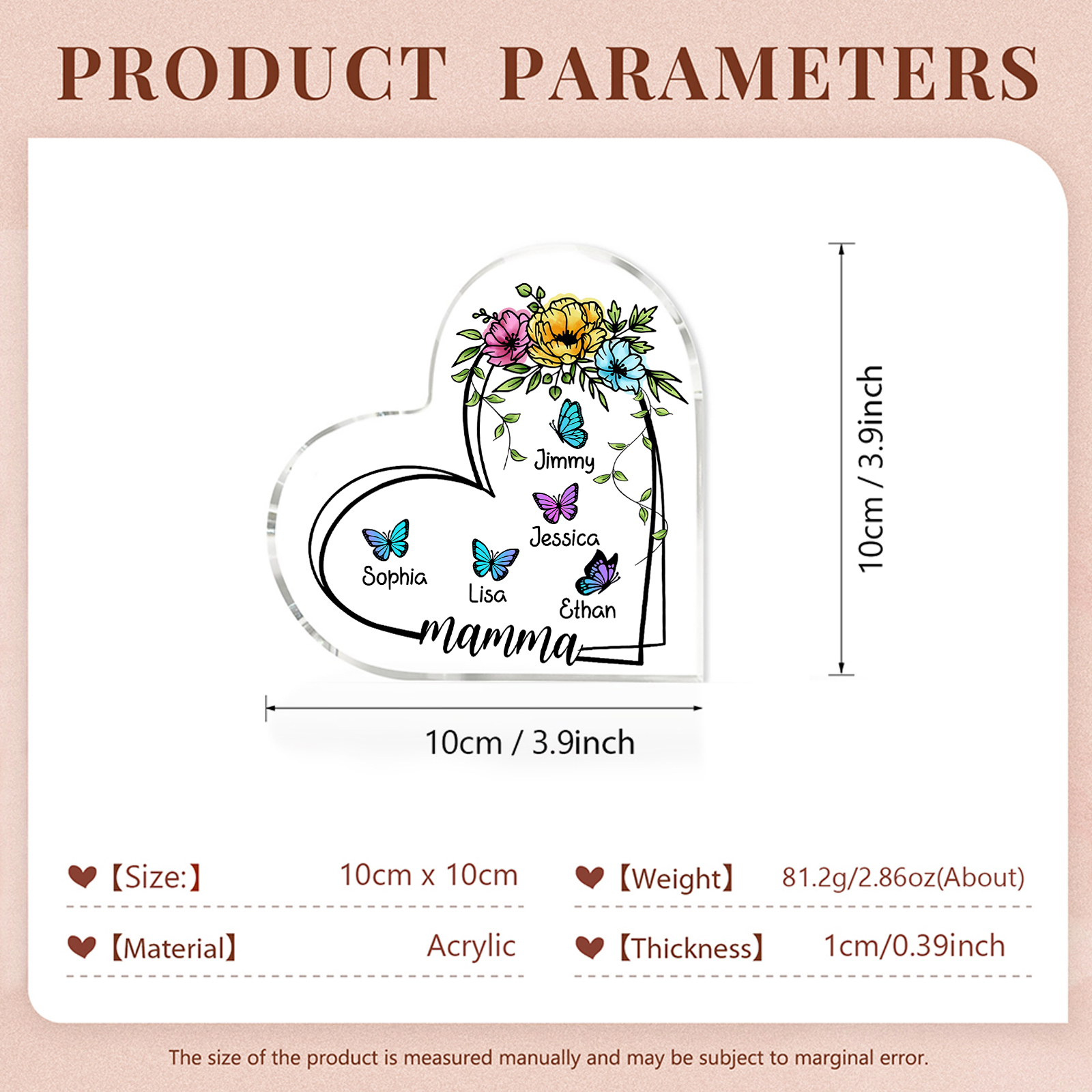 Decorazione Acrilica a Forma di Cuore Personalizzata con Farfalla – 5 Nomi e Testo per Nonna o Mamma | Jessemade